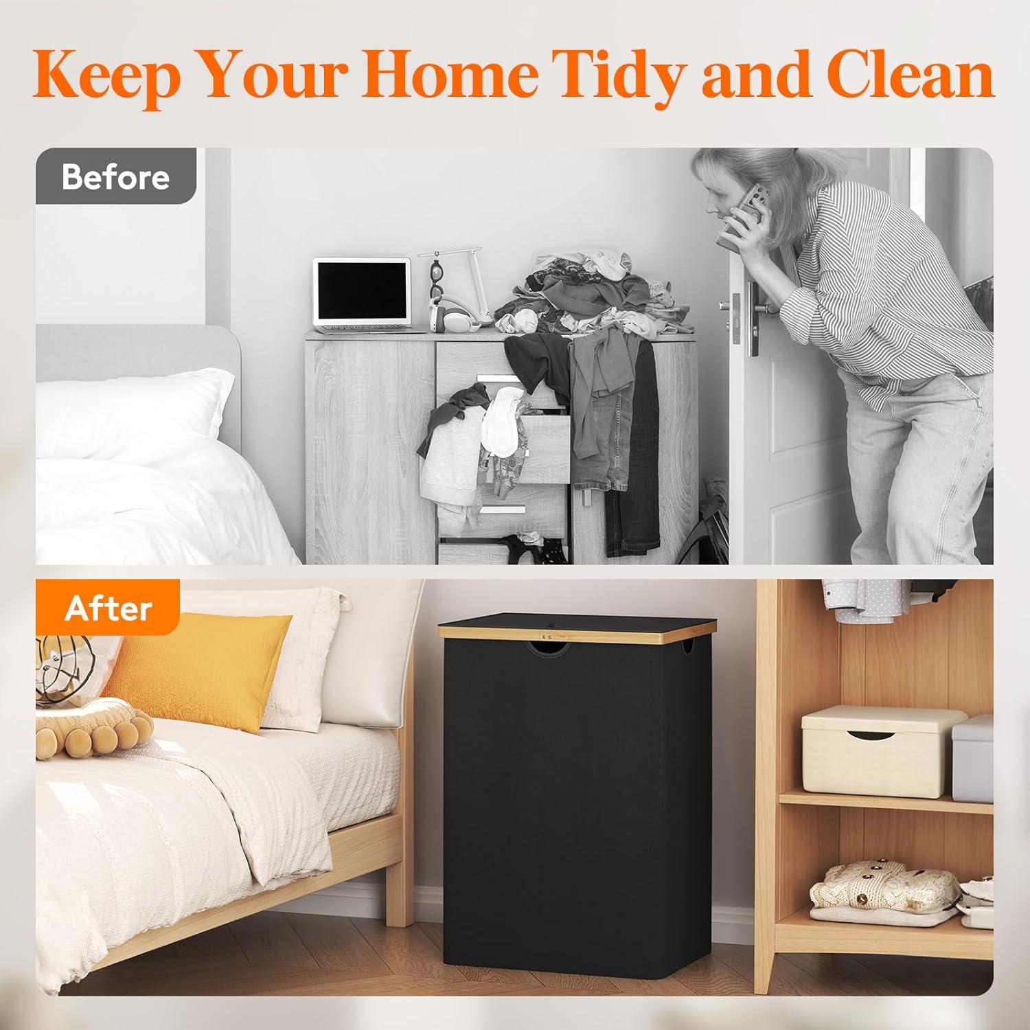 imageLifewit 160L Double Laundry Hamper with Lid Extra Large Bamboo Laundry Basket Dirty Clothes Hamper 2 Section Laundry Bin Organizer for Laundry Room Bedroom with 2 Removable Liners ampamp Bags BlackBlack