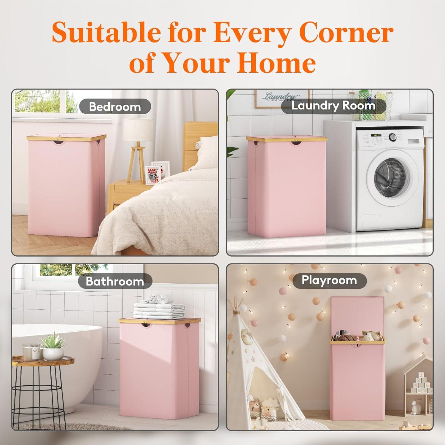 imageLifewit 160L Double Laundry Hamper with Lid Extra Large Bamboo Laundry Basket Dirty Clothes Hamper 2 Section Laundry Bin Organizer for Laundry Room Bedroom with 2 Removable Liners ampamp Bags BlackPink