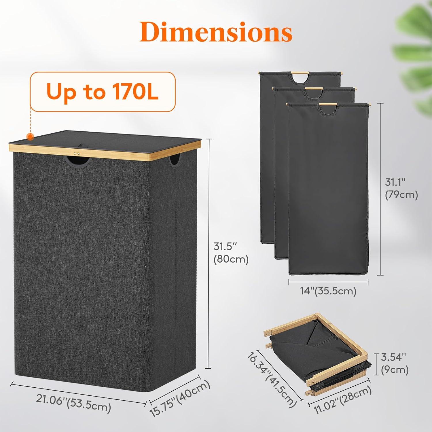 imageLifewit 160L Double Laundry Hamper with Lid Extra Large Bamboo Laundry Basket Dirty Clothes Hamper 2 Section Laundry Bin Organizer for Laundry Room Bedroom with 2 Removable Liners ampamp Bags BlackDark Gray