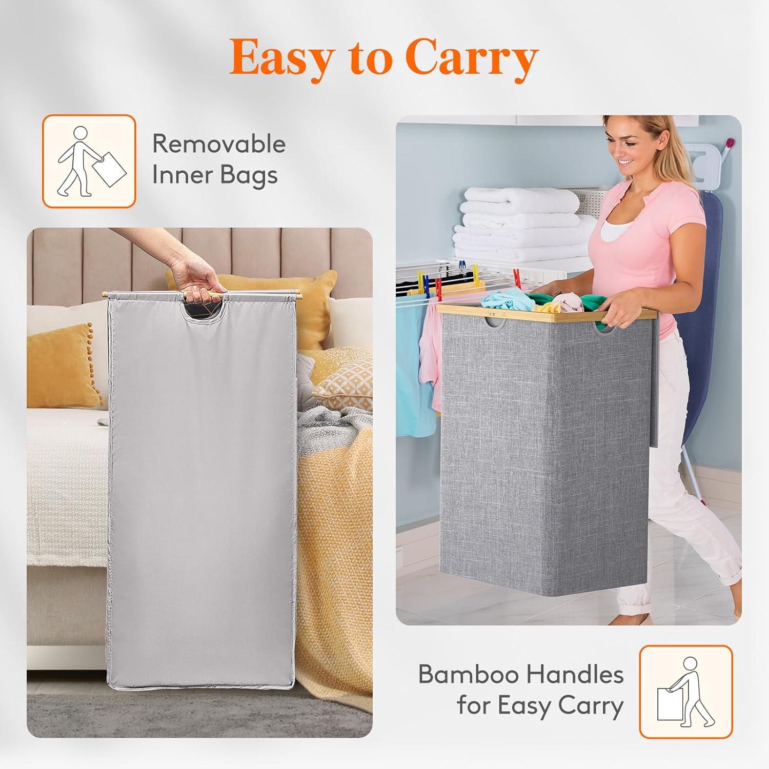 imageLifewit 160L Double Laundry Hamper with Lid Extra Large Bamboo Laundry Basket Dirty Clothes Hamper 2 Section Laundry Bin Organizer for Laundry Room Bedroom with 2 Removable Liners ampamp Bags BlackLight Gray