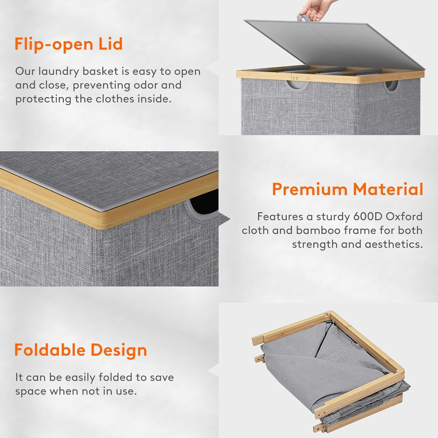 imageLifewit 160L Double Laundry Hamper with Lid Extra Large Bamboo Laundry Basket Dirty Clothes Hamper 2 Section Laundry Bin Organizer for Laundry Room Bedroom with 2 Removable Liners ampamp Bags BlackLight Gray