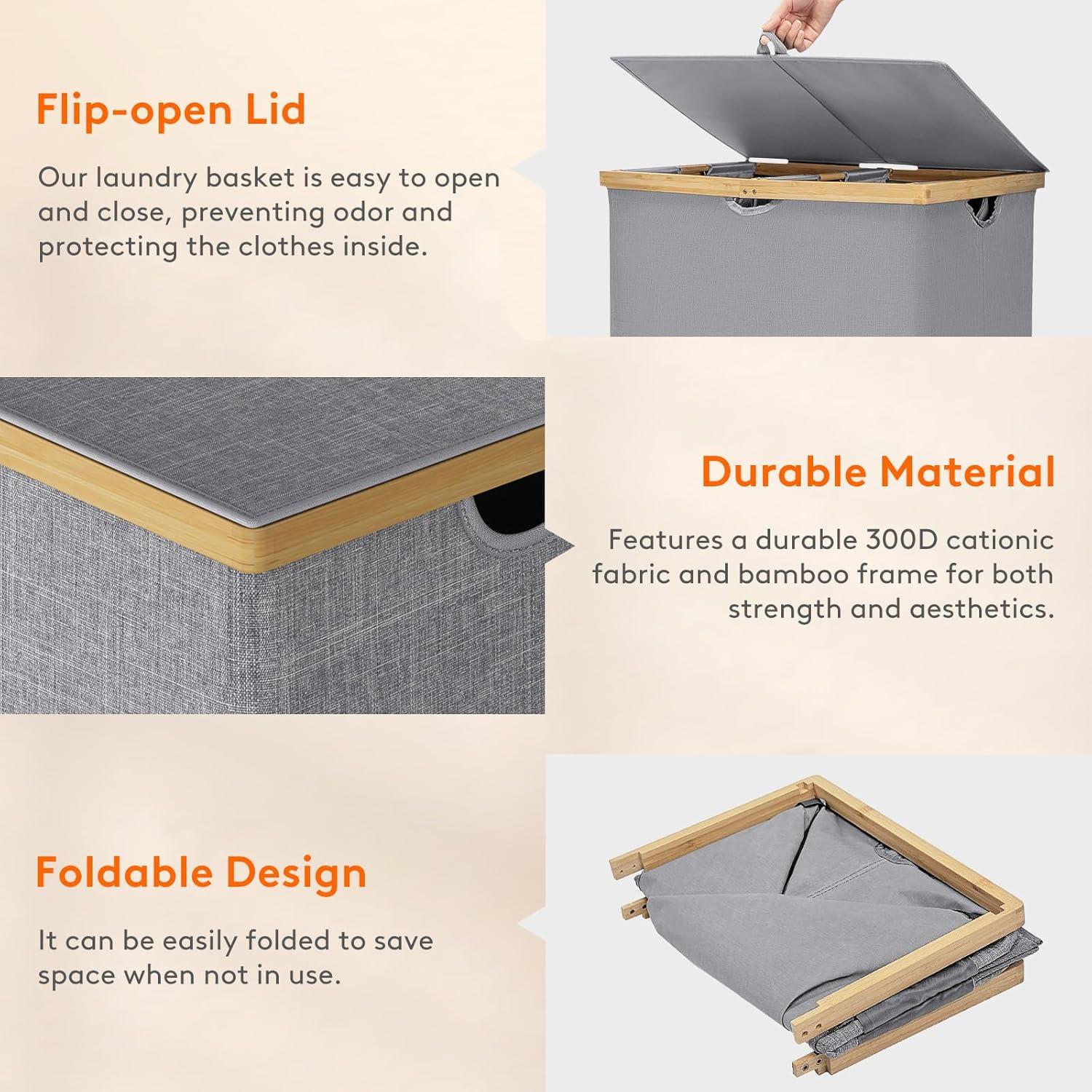 imageLifewit 160L Double Laundry Hamper with Lid Extra Large Bamboo Laundry Basket Dirty Clothes Hamper 2 Section Laundry Bin Organizer for Laundry Room Bedroom with 2 Removable Liners ampamp Bags BlackLight Gray