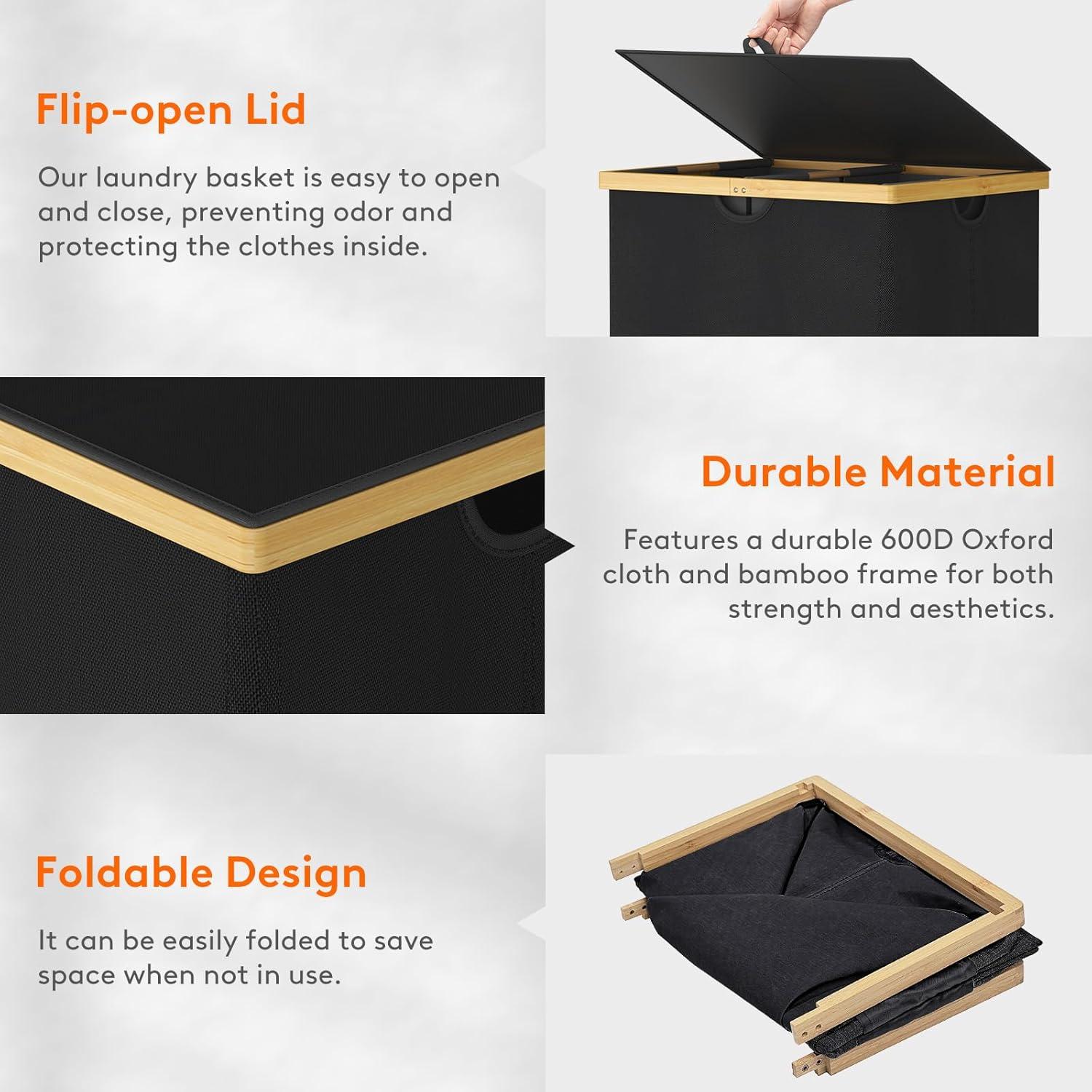 imageLifewit 160L Double Laundry Hamper with Lid Extra Large Bamboo Laundry Basket Dirty Clothes Hamper 2 Section Laundry Bin Organizer for Laundry Room Bedroom with 2 Removable Liners ampamp Bags BlackBlack