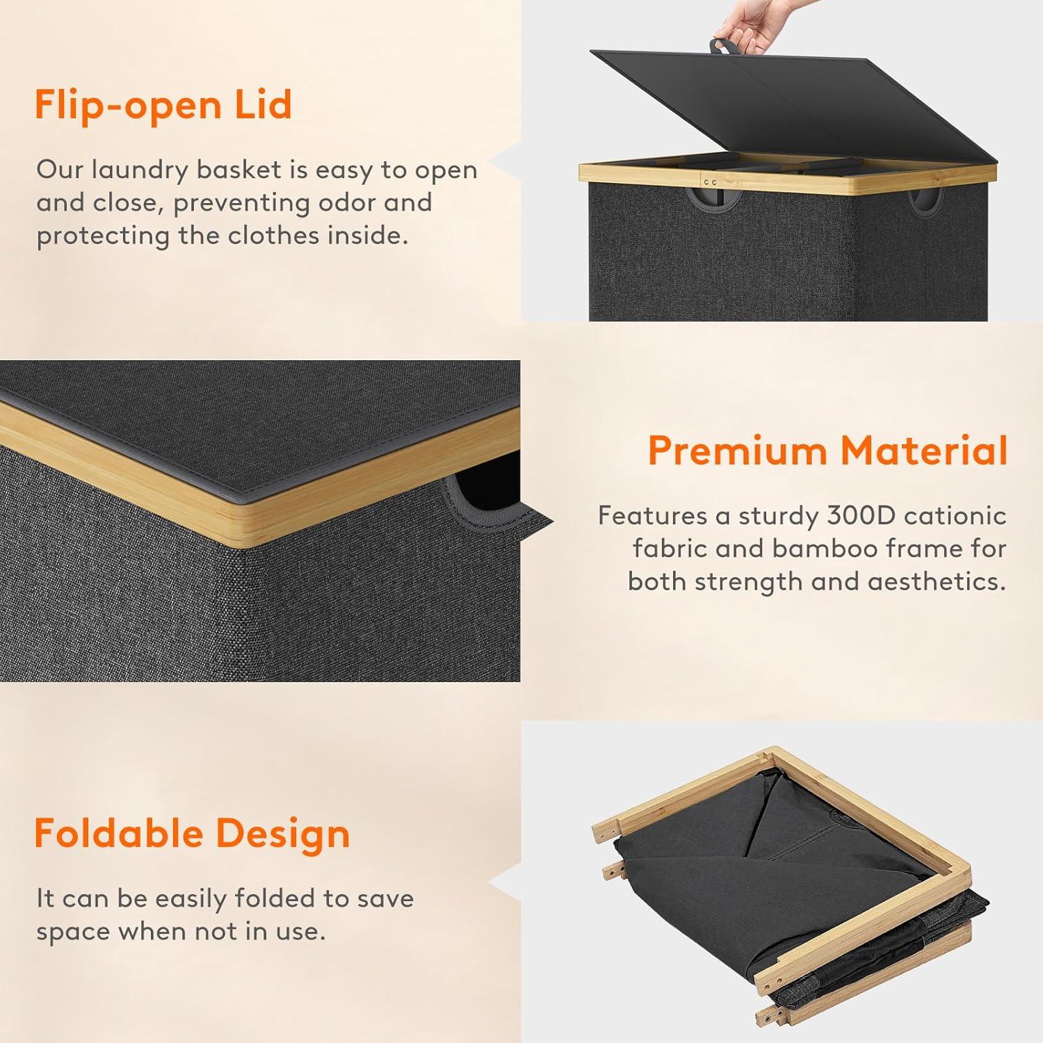 imageLifewit 160L Double Laundry Hamper with Lid Extra Large Bamboo Laundry Basket Dirty Clothes Hamper 2 Section Laundry Bin Organizer for Laundry Room Bedroom with 2 Removable Liners ampamp Bags BlackDark Gray