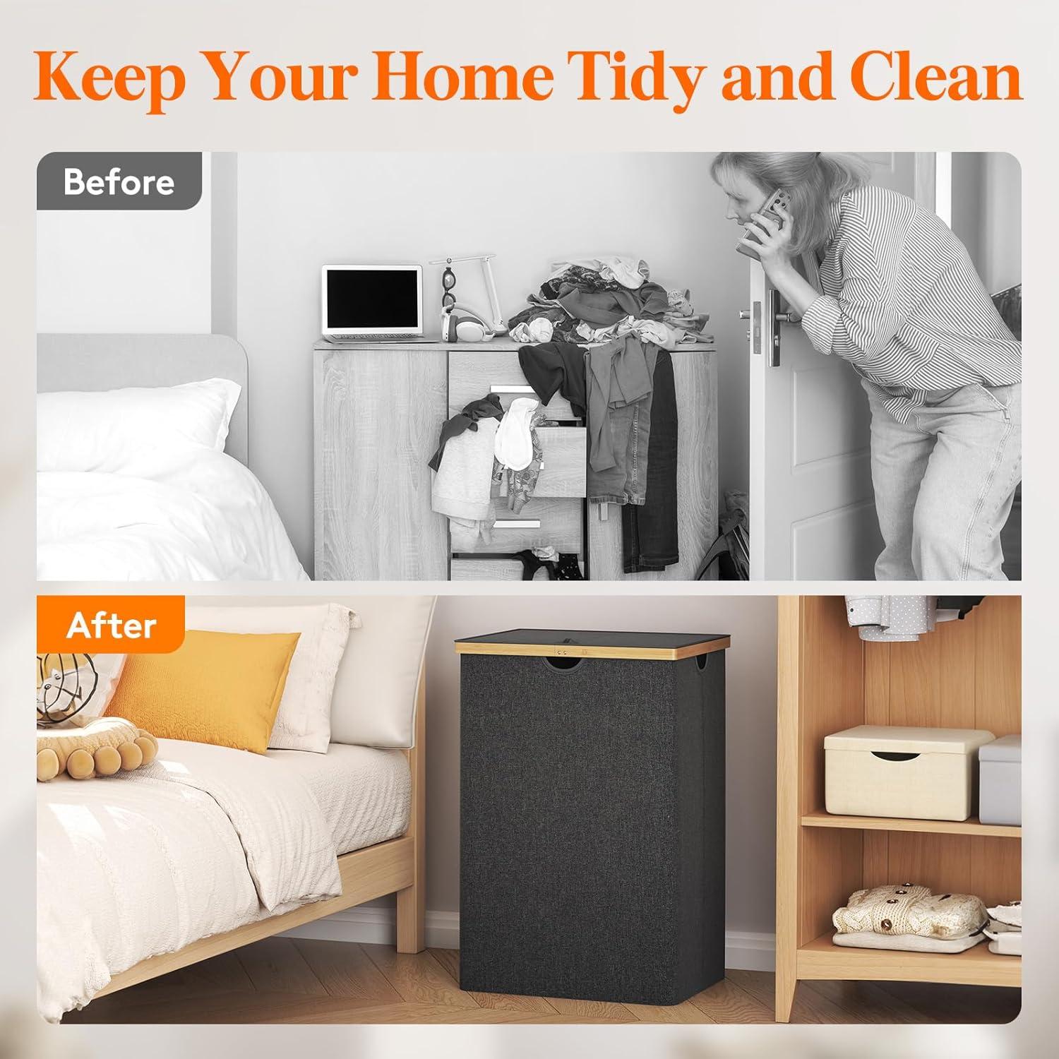 imageLifewit 160L Double Laundry Hamper with Lid Extra Large Bamboo Laundry Basket Dirty Clothes Hamper 2 Section Laundry Bin Organizer for Laundry Room Bedroom with 2 Removable Liners ampamp Bags BlackDark Gray