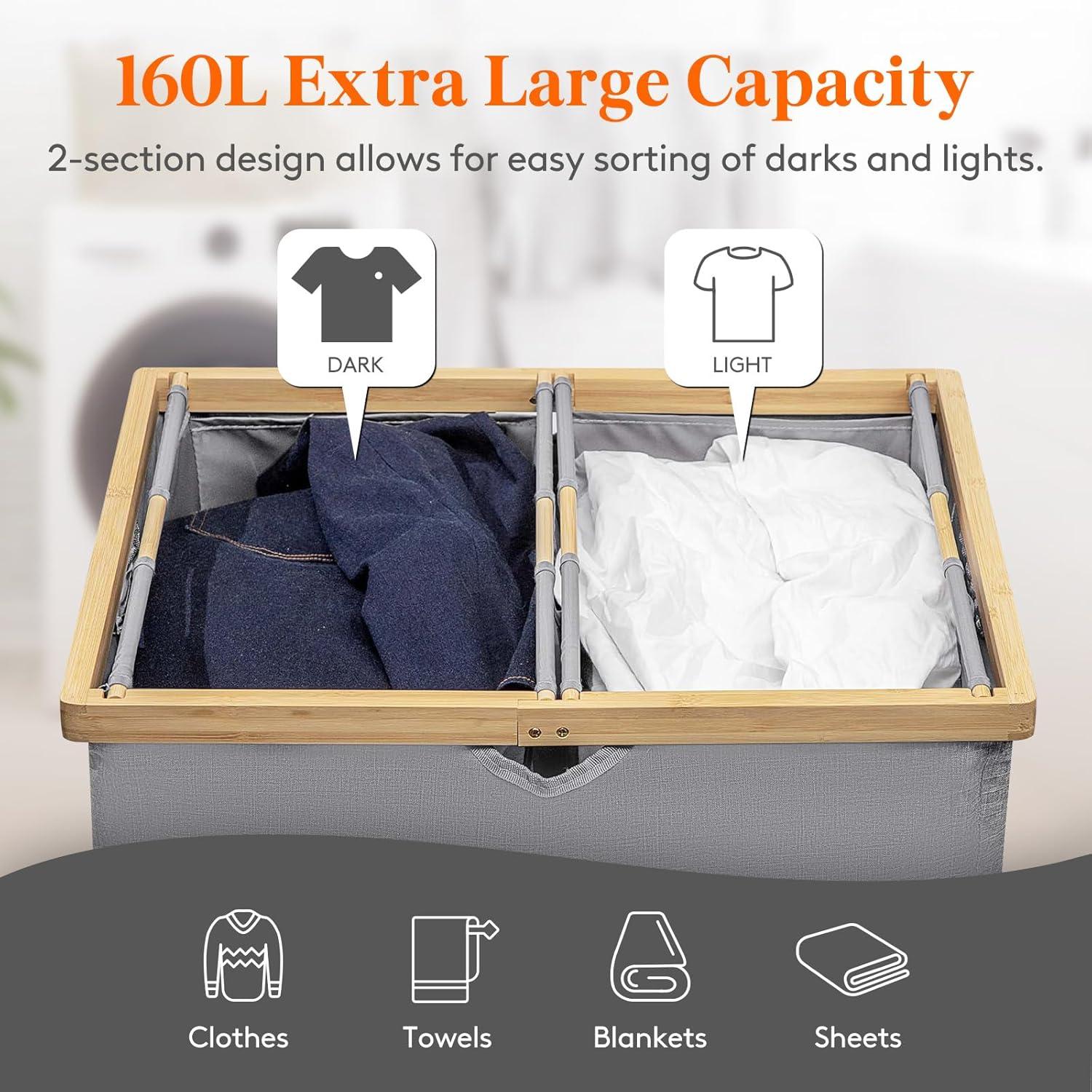 imageLifewit 160L Double Laundry Hamper with Lid Extra Large Bamboo Laundry Basket Dirty Clothes Hamper 2 Section Laundry Bin Organizer for Laundry Room Bedroom with 2 Removable Liners ampamp Bags BlackLight Gray