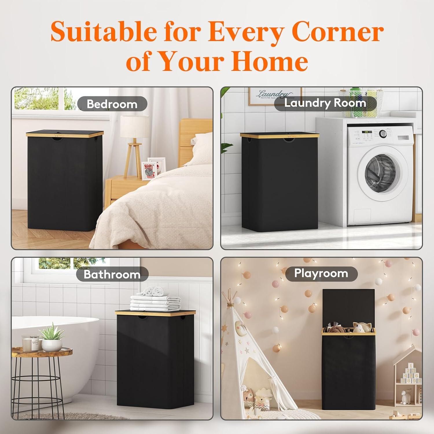 imageLifewit 160L Double Laundry Hamper with Lid Extra Large Bamboo Laundry Basket Dirty Clothes Hamper 2 Section Laundry Bin Organizer for Laundry Room Bedroom with 2 Removable Liners ampamp Bags BlackBlack