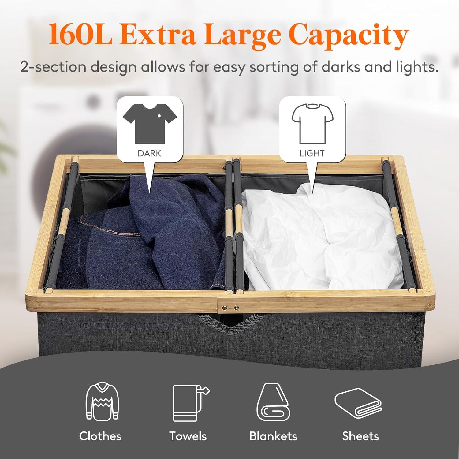 imageLifewit 160L Double Laundry Hamper with Lid Extra Large Bamboo Laundry Basket Dirty Clothes Hamper 2 Section Laundry Bin Organizer for Laundry Room Bedroom with 2 Removable Liners ampamp Bags BlackDark Gray