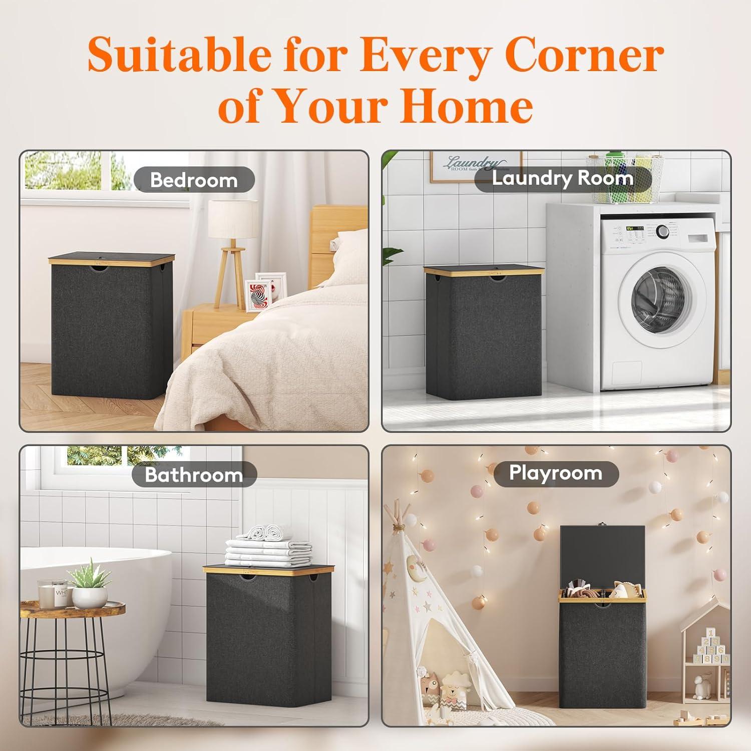 imageLifewit 160L Double Laundry Hamper with Lid Extra Large Bamboo Laundry Basket Dirty Clothes Hamper 2 Section Laundry Bin Organizer for Laundry Room Bedroom with 2 Removable Liners ampamp Bags BlackDark Gray