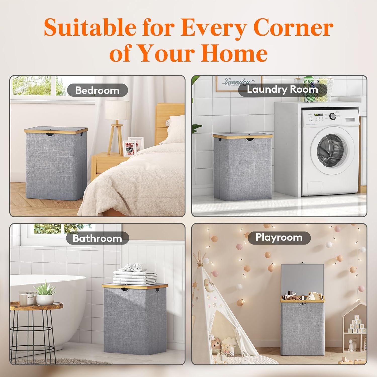 imageLifewit 160L Double Laundry Hamper with Lid Extra Large Bamboo Laundry Basket Dirty Clothes Hamper 2 Section Laundry Bin Organizer for Laundry Room Bedroom with 2 Removable Liners ampamp Bags BlackLight Gray