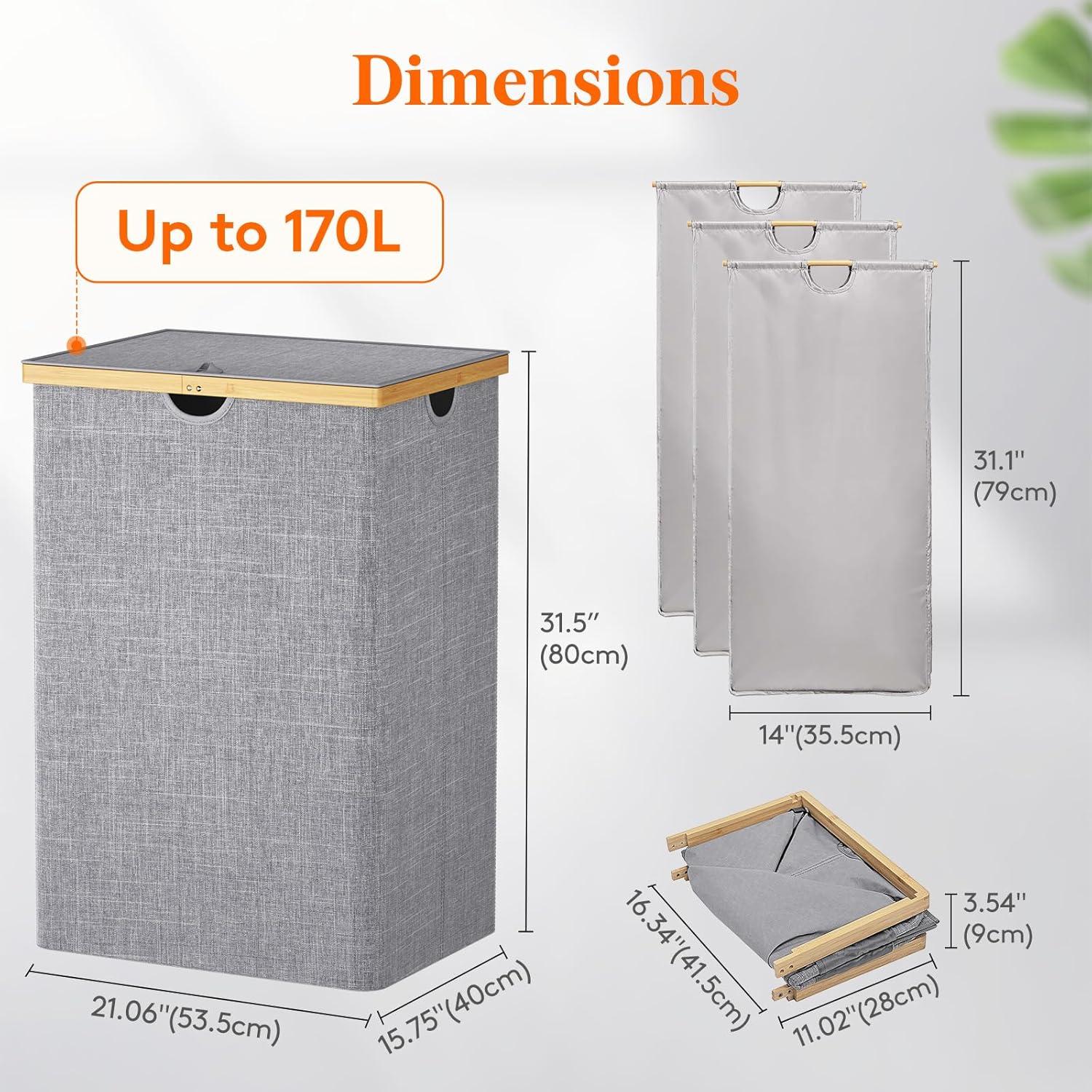 imageLifewit 160L Double Laundry Hamper with Lid Extra Large Bamboo Laundry Basket Dirty Clothes Hamper 2 Section Laundry Bin Organizer for Laundry Room Bedroom with 2 Removable Liners ampamp Bags BlackLight Gray