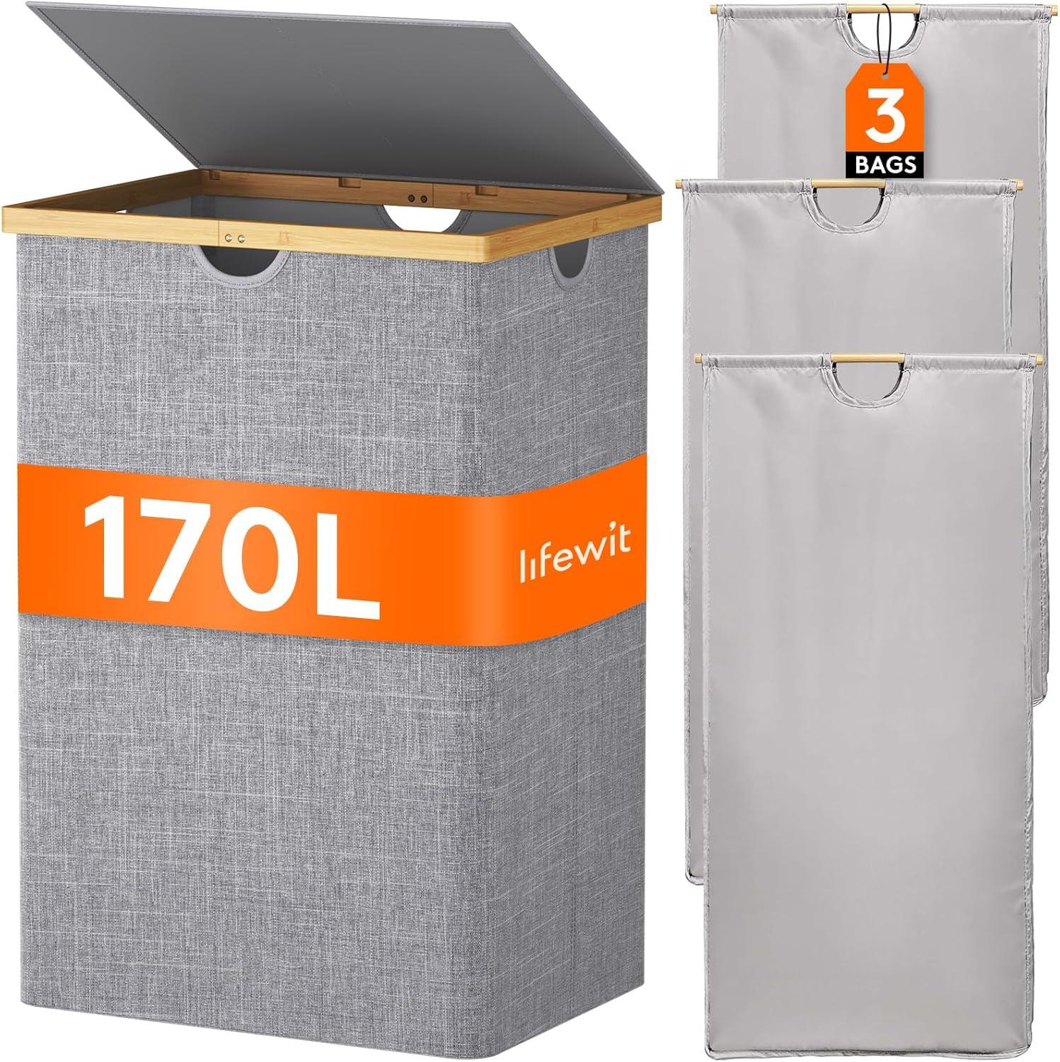 imageLifewit 160L Double Laundry Hamper with Lid Extra Large Bamboo Laundry Basket Dirty Clothes Hamper 2 Section Laundry Bin Organizer for Laundry Room Bedroom with 2 Removable Liners ampamp Bags BlackLight Gray