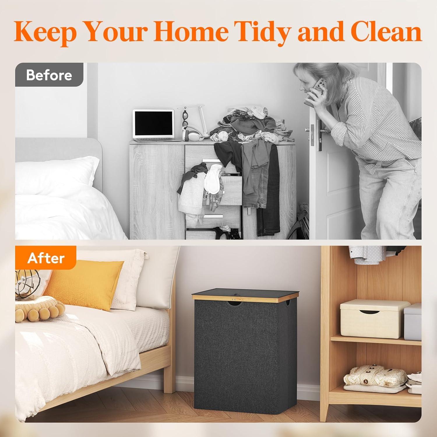 imageLifewit 160L Double Laundry Hamper with Lid Extra Large Bamboo Laundry Basket Dirty Clothes Hamper 2 Section Laundry Bin Organizer for Laundry Room Bedroom with 2 Removable Liners ampamp Bags BlackDark Gray