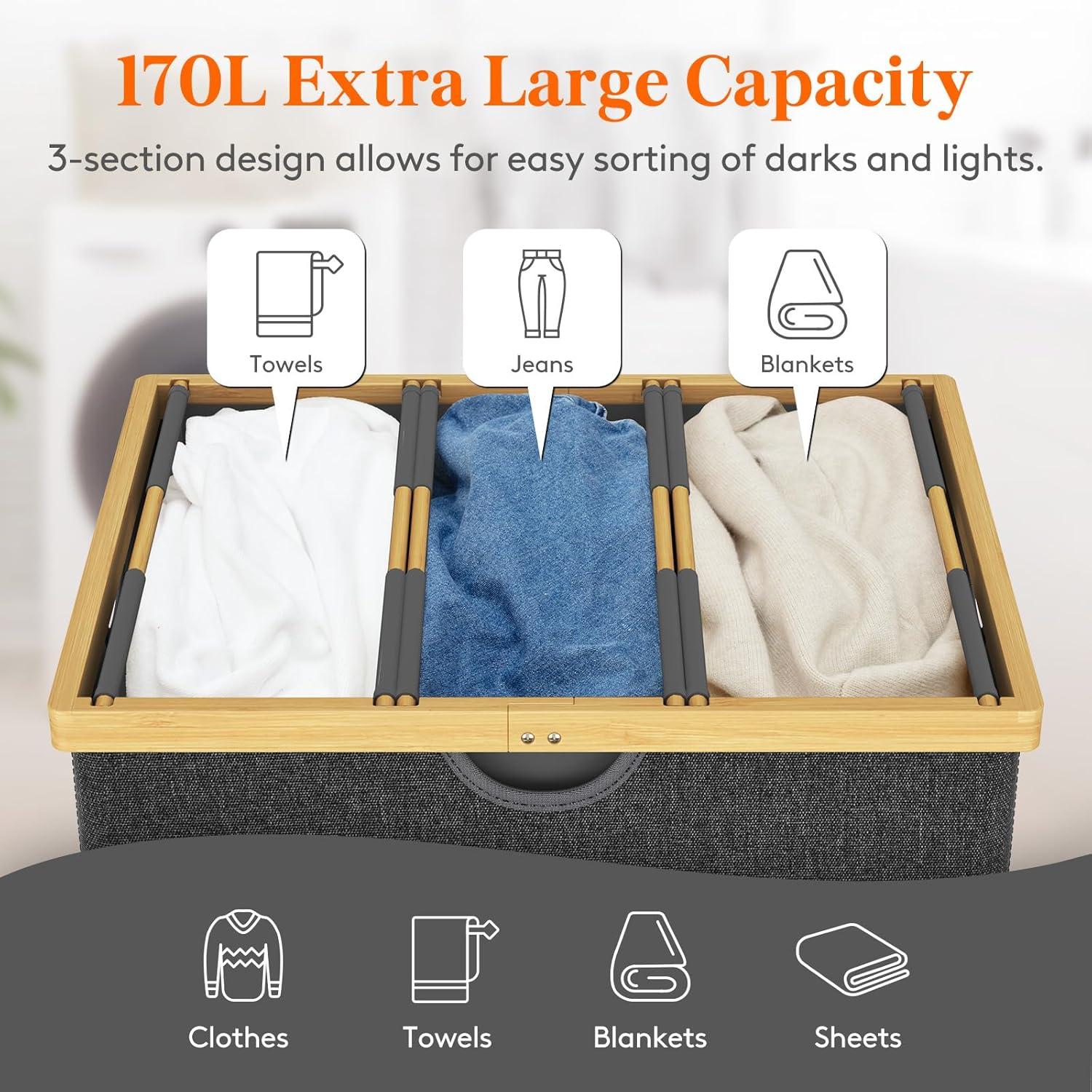 imageLifewit 160L Double Laundry Hamper with Lid Extra Large Bamboo Laundry Basket Dirty Clothes Hamper 2 Section Laundry Bin Organizer for Laundry Room Bedroom with 2 Removable Liners ampamp Bags BlackDark Gray