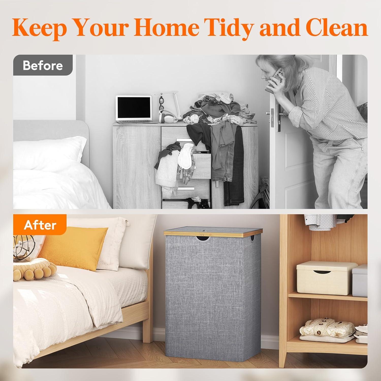 imageLifewit 160L Double Laundry Hamper with Lid Extra Large Bamboo Laundry Basket Dirty Clothes Hamper 2 Section Laundry Bin Organizer for Laundry Room Bedroom with 2 Removable Liners ampamp Bags BlackLight Gray