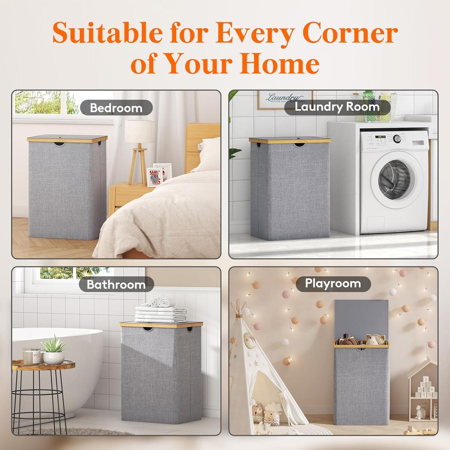 imageLifewit 160L Double Laundry Hamper with Lid Extra Large Bamboo Laundry Basket Dirty Clothes Hamper 2 Section Laundry Bin Organizer for Laundry Room Bedroom with 2 Removable Liners ampamp Bags BlackLight Gray