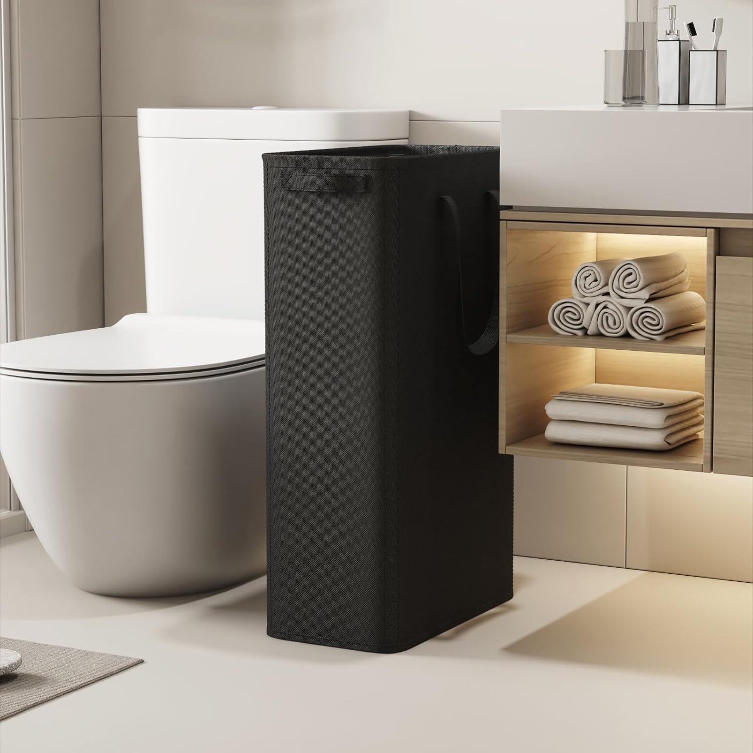 imageLifewit 2 Pack Slim Laundry Hamper Collapsible Narrow Laundry Basket Small Tall Dirty Clothes Hampers with Handles for Bathroom Bedroom College Dorm Black 50LBlack