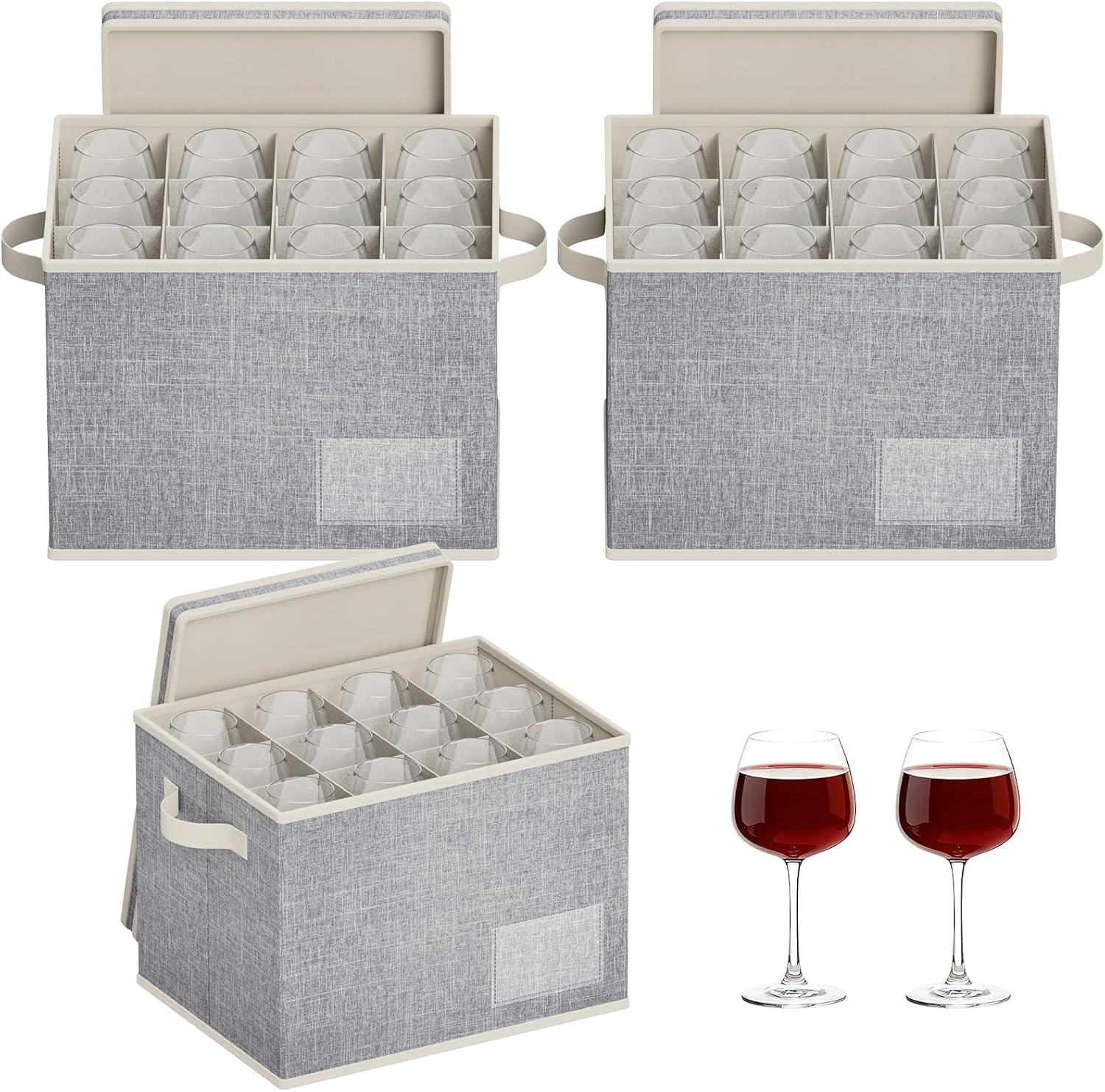 imageLifewit 2 Pcs Champagne Flute Storage Box with Dividers Stackable Cationic Hard Shell Stemware Containers with 12 Cells Foldable Dustproof Glassware Organizer Case for Moving Light Grey3