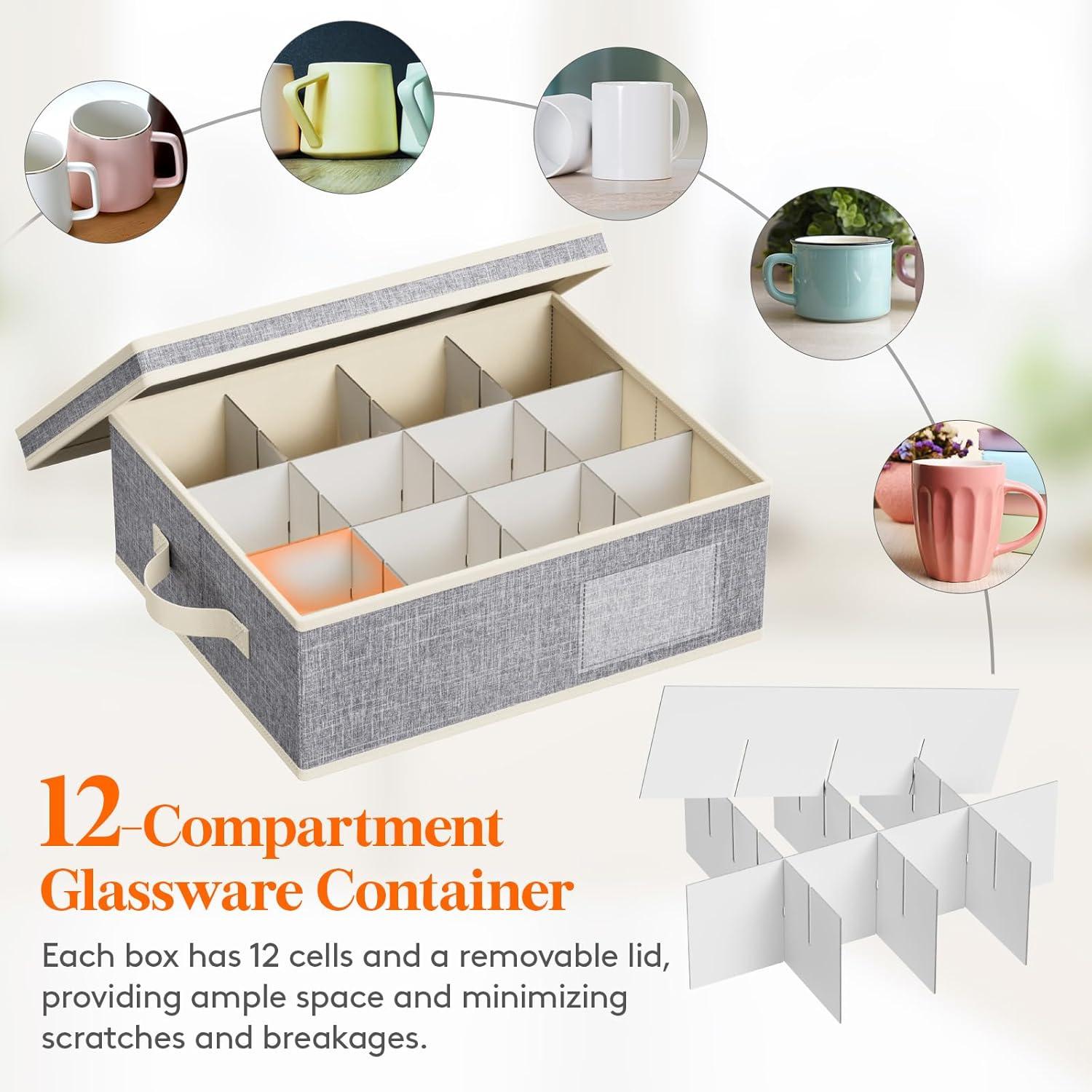 imageLifewit 2 Pcs Champagne Flute Storage Box with Dividers Stackable Cationic Hard Shell Stemware Containers with 12 Cells Foldable Dustproof Glassware Organizer Case for Moving Light Grey2
