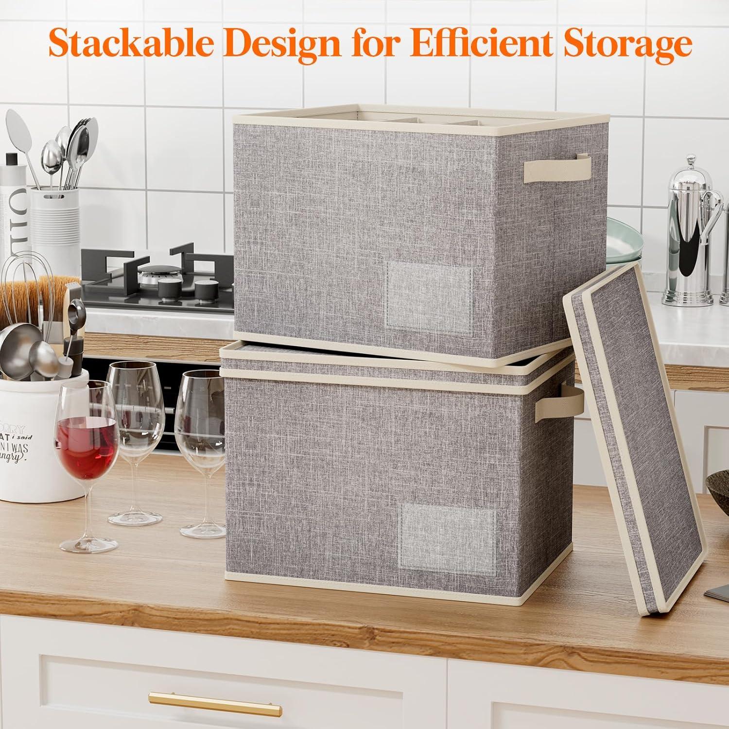 imageLifewit 2 Pcs Champagne Flute Storage Box with Dividers Stackable Cationic Hard Shell Stemware Containers with 12 Cells Foldable Dustproof Glassware Organizer Case for Moving Light Grey2