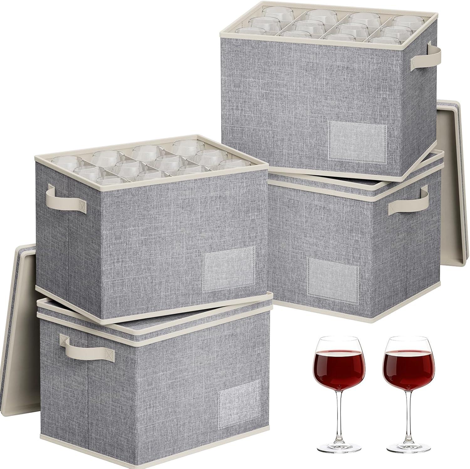 imageLifewit 2 Pcs Champagne Flute Storage Box with Dividers Stackable Cationic Hard Shell Stemware Containers with 12 Cells Foldable Dustproof Glassware Organizer Case for Moving Light Grey4