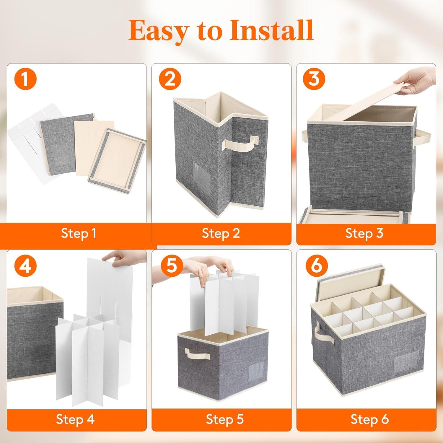 imageLifewit 2 Pcs Champagne Flute Storage Box with Dividers Stackable Cationic Hard Shell Stemware Containers with 12 Cells Foldable Dustproof Glassware Organizer Case for Moving Light Grey2