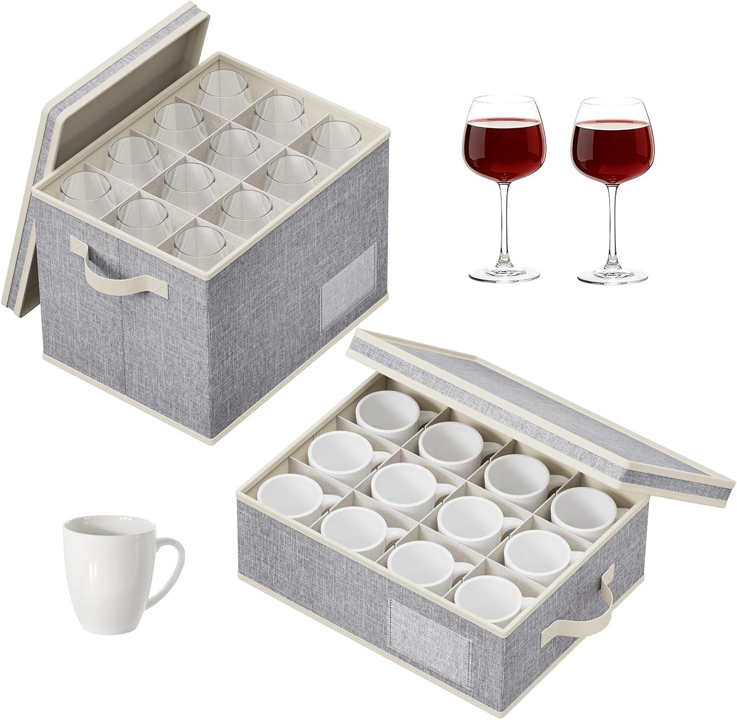 imageLifewit 2 Pcs Champagne Flute Storage Box with Dividers Stackable Cationic Hard Shell Stemware Containers with 12 Cells Foldable Dustproof Glassware Organizer Case for Moving Light Grey2