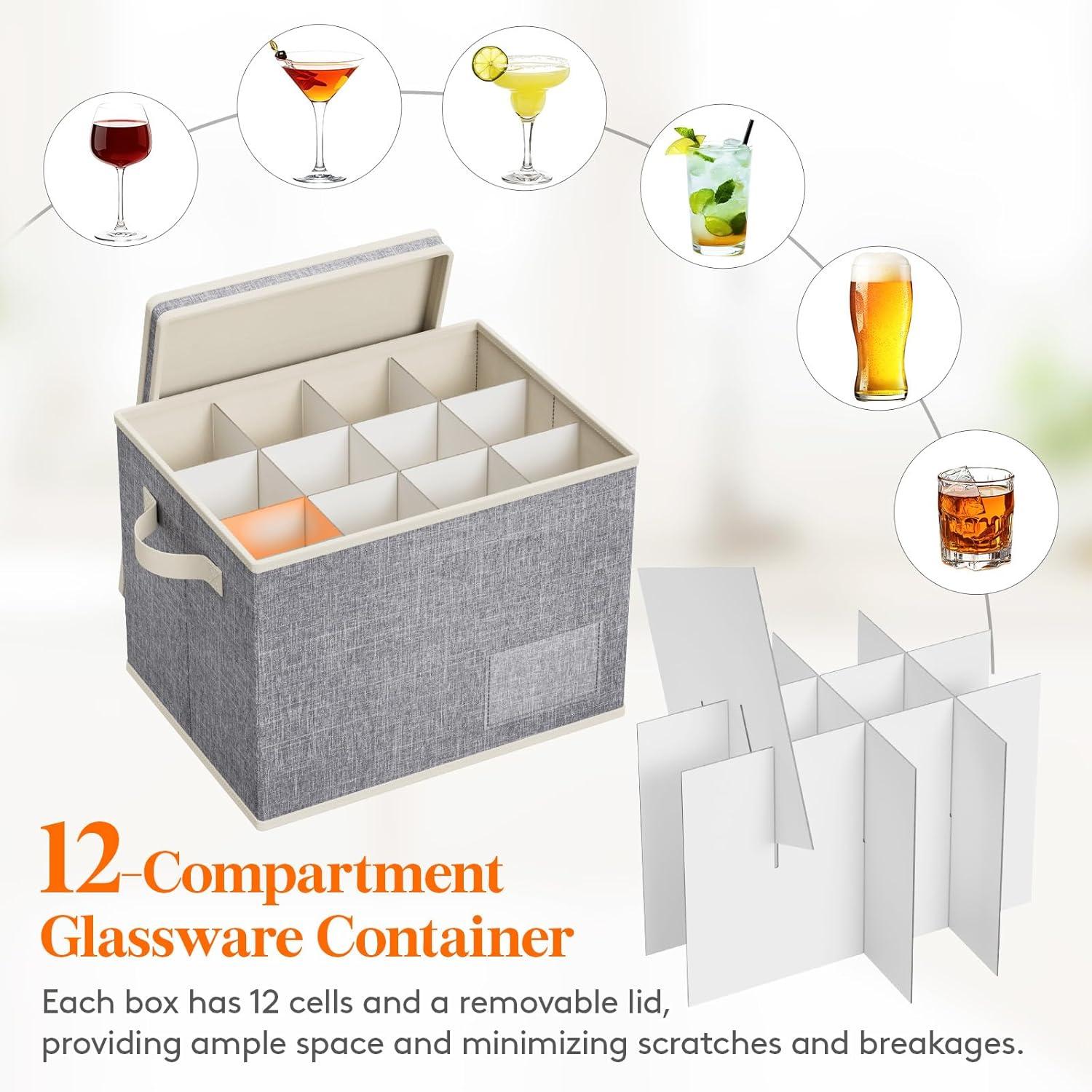 imageLifewit 2 Pcs Champagne Flute Storage Box with Dividers Stackable Cationic Hard Shell Stemware Containers with 12 Cells Foldable Dustproof Glassware Organizer Case for Moving Light Grey2