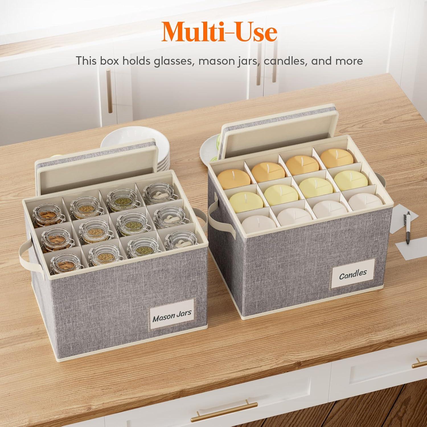 imageLifewit 2 Pcs Champagne Flute Storage Box with Dividers Stackable Cationic Hard Shell Stemware Containers with 12 Cells Foldable Dustproof Glassware Organizer Case for Moving Light Grey2