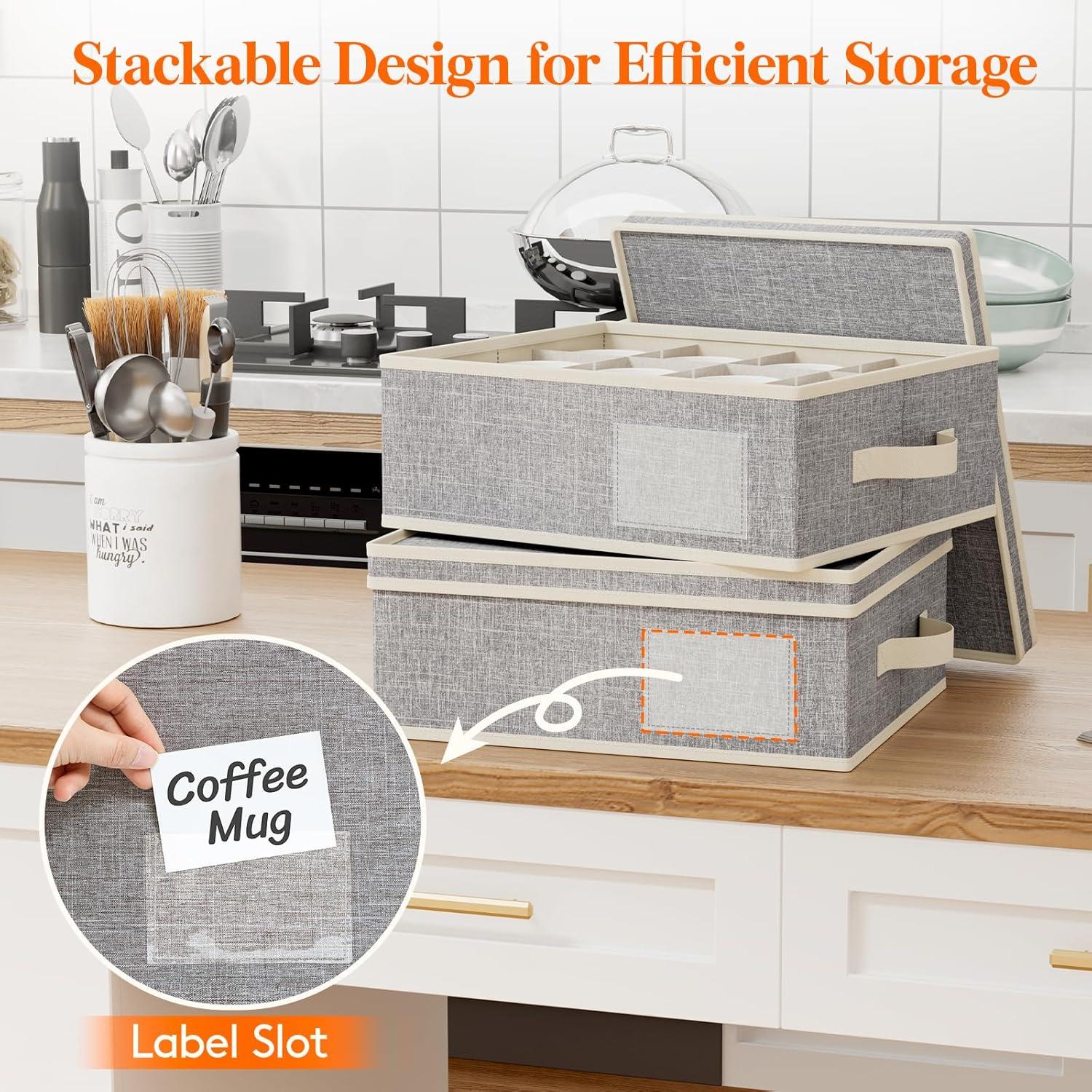 imageLifewit 2 Pcs Champagne Flute Storage Box with Dividers Stackable Cationic Hard Shell Stemware Containers with 12 Cells Foldable Dustproof Glassware Organizer Case for Moving Light Grey3