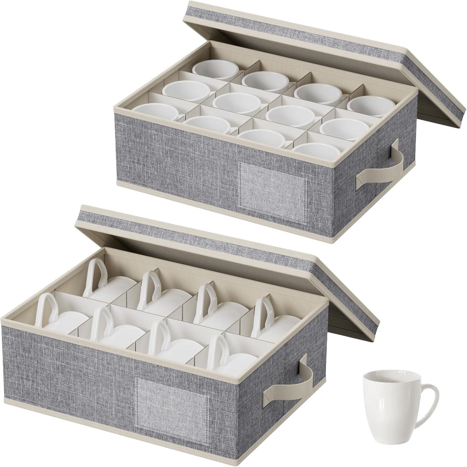 imageLifewit 2 Pcs Champagne Flute Storage Box with Dividers Stackable Cationic Hard Shell Stemware Containers with 12 Cells Foldable Dustproof Glassware Organizer Case for Moving Light Grey2