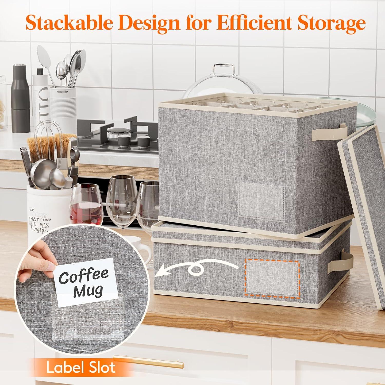 imageLifewit 2 Pcs Champagne Flute Storage Box with Dividers Stackable Cationic Hard Shell Stemware Containers with 12 Cells Foldable Dustproof Glassware Organizer Case for Moving Light Grey2