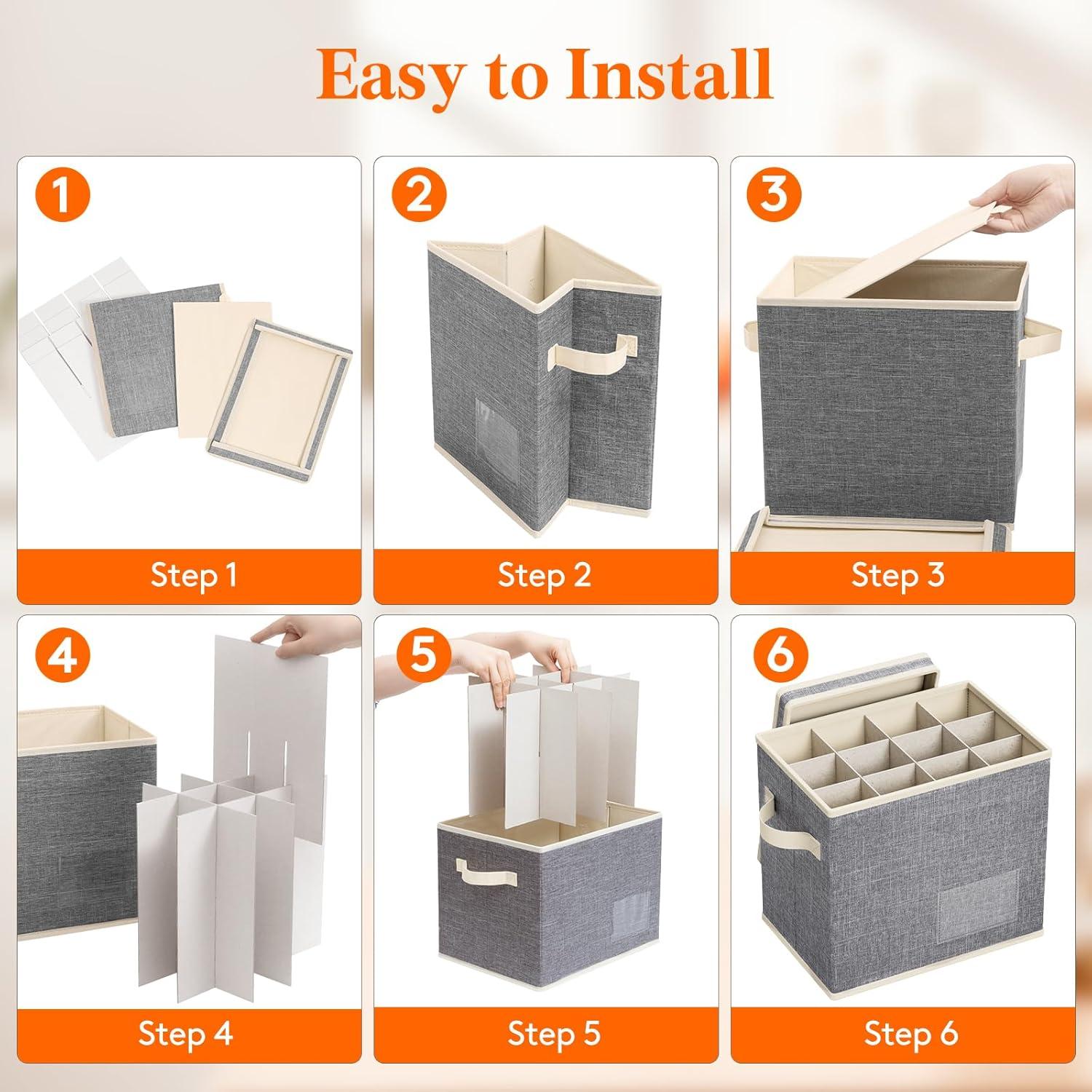 imageLifewit 2 Pcs Champagne Flute Storage Box with Dividers Stackable Cationic Hard Shell Stemware Containers with 12 Cells Foldable Dustproof Glassware Organizer Case for Moving Light Grey2