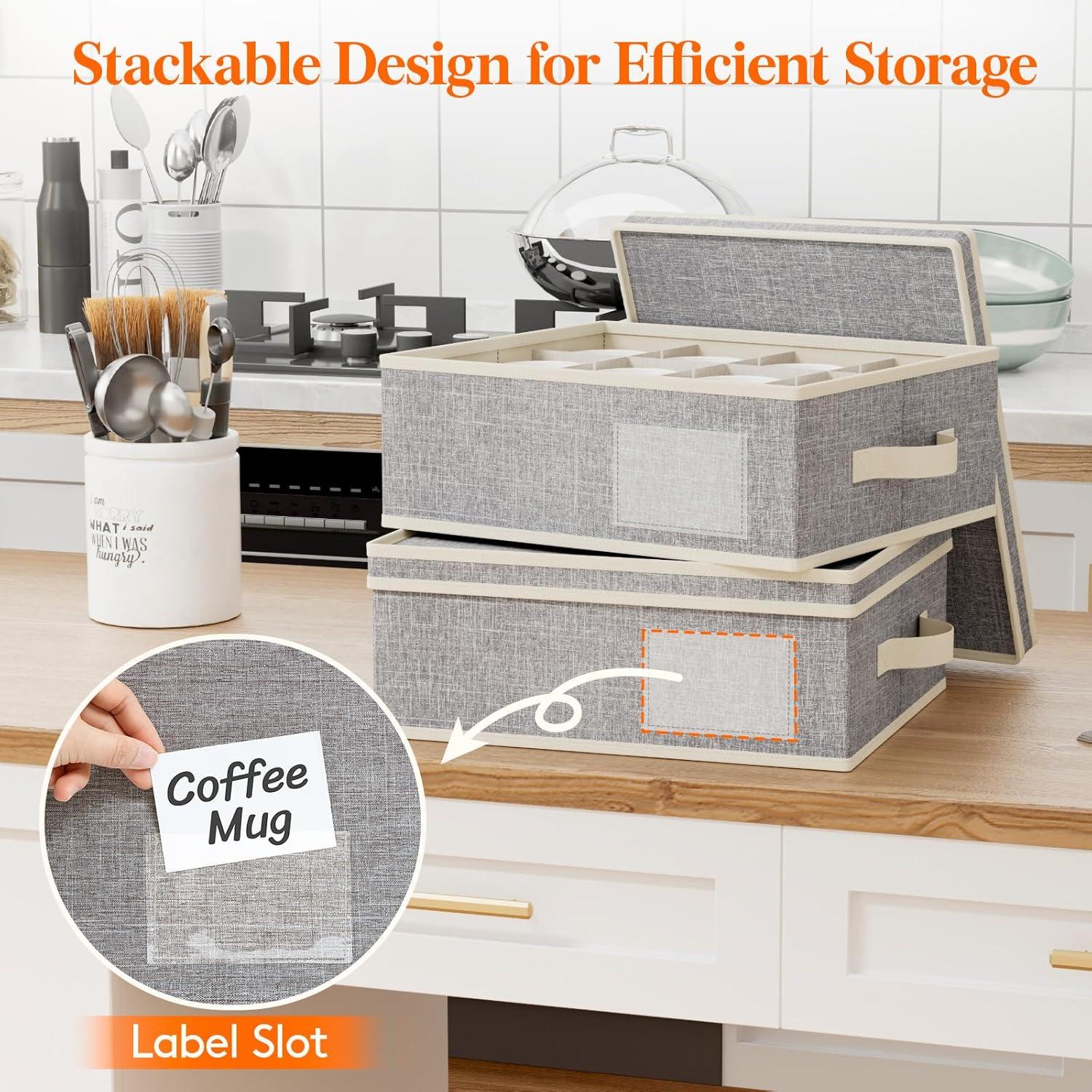 imageLifewit 2 Pcs Champagne Flute Storage Box with Dividers Stackable Cationic Hard Shell Stemware Containers with 12 Cells Foldable Dustproof Glassware Organizer Case for Moving Light Grey2