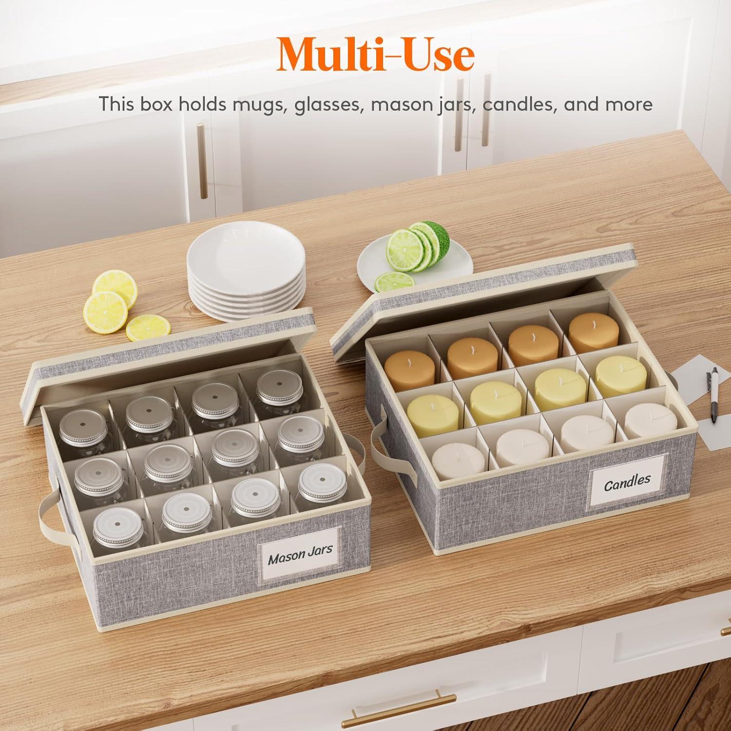 imageLifewit 2 Pcs Champagne Flute Storage Box with Dividers Stackable Cationic Hard Shell Stemware Containers with 12 Cells Foldable Dustproof Glassware Organizer Case for Moving Light Grey2