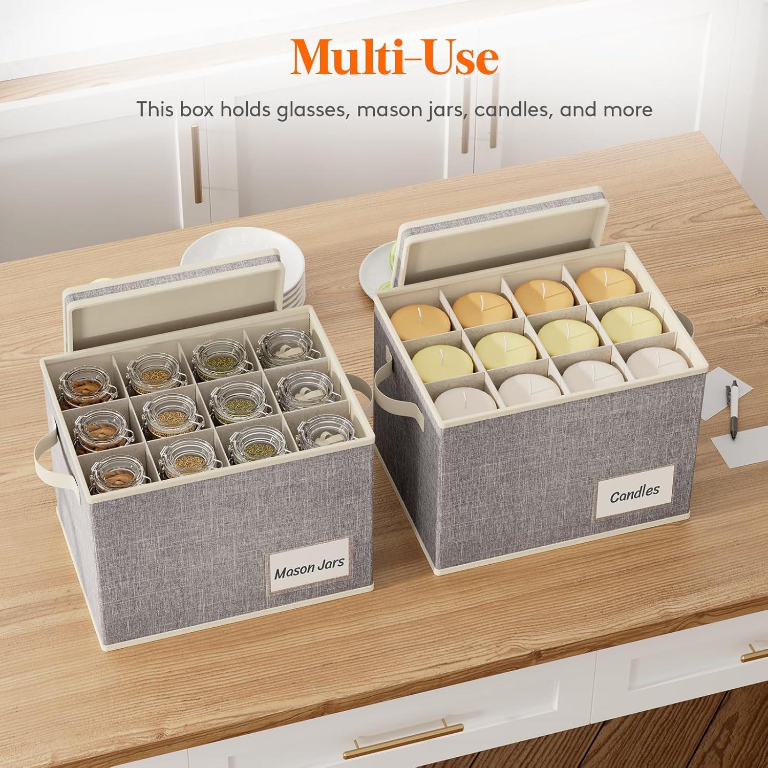 imageLifewit 2 Pcs Champagne Flute Storage Box with Dividers Stackable Cationic Hard Shell Stemware Containers with 12 Cells Foldable Dustproof Glassware Organizer Case for Moving Light Grey3