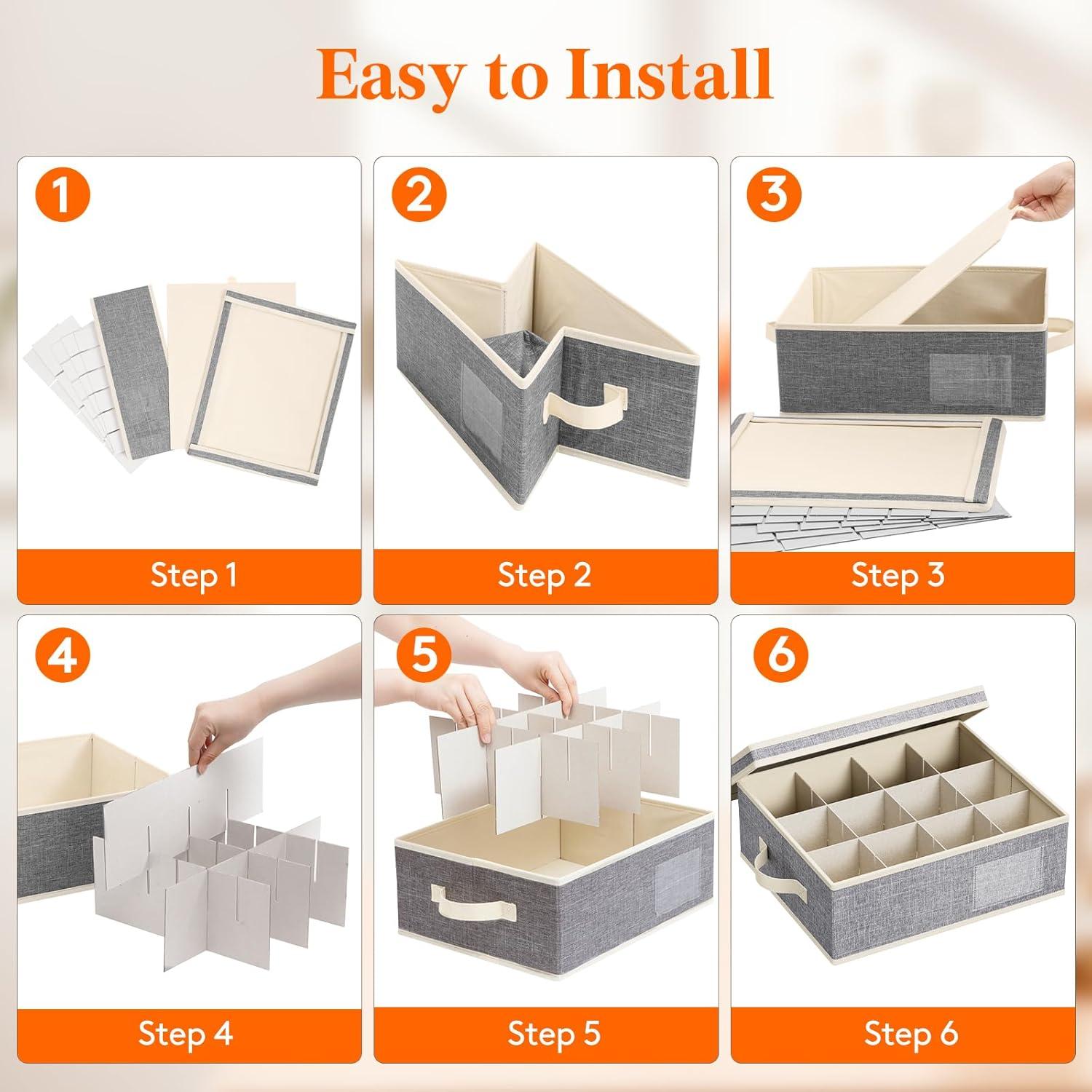 imageLifewit 2 Pcs Champagne Flute Storage Box with Dividers Stackable Cationic Hard Shell Stemware Containers with 12 Cells Foldable Dustproof Glassware Organizer Case for Moving Light Grey2