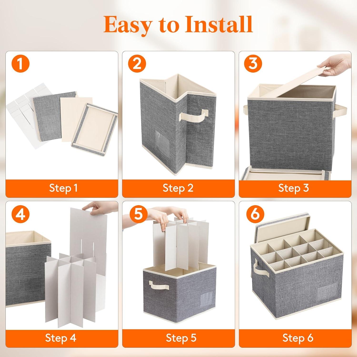 imageLifewit 2 Pcs Champagne Flute Storage Box with Dividers Stackable Cationic Hard Shell Stemware Containers with 12 Cells Foldable Dustproof Glassware Organizer Case for Moving Light Grey3