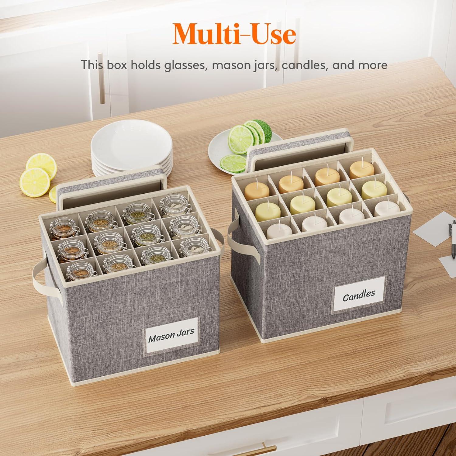 imageLifewit 2 Pcs Champagne Flute Storage Box with Dividers Stackable Cationic Hard Shell Stemware Containers with 12 Cells Foldable Dustproof Glassware Organizer Case for Moving Light Grey4
