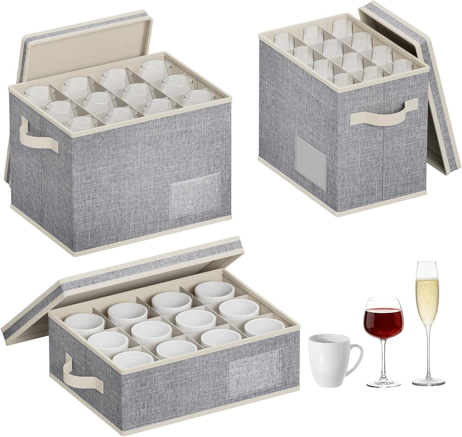 imageLifewit 2 Pcs Champagne Flute Storage Box with Dividers Stackable Cationic Hard Shell Stemware Containers with 12 Cells Foldable Dustproof Glassware Organizer Case for Moving Light Grey3