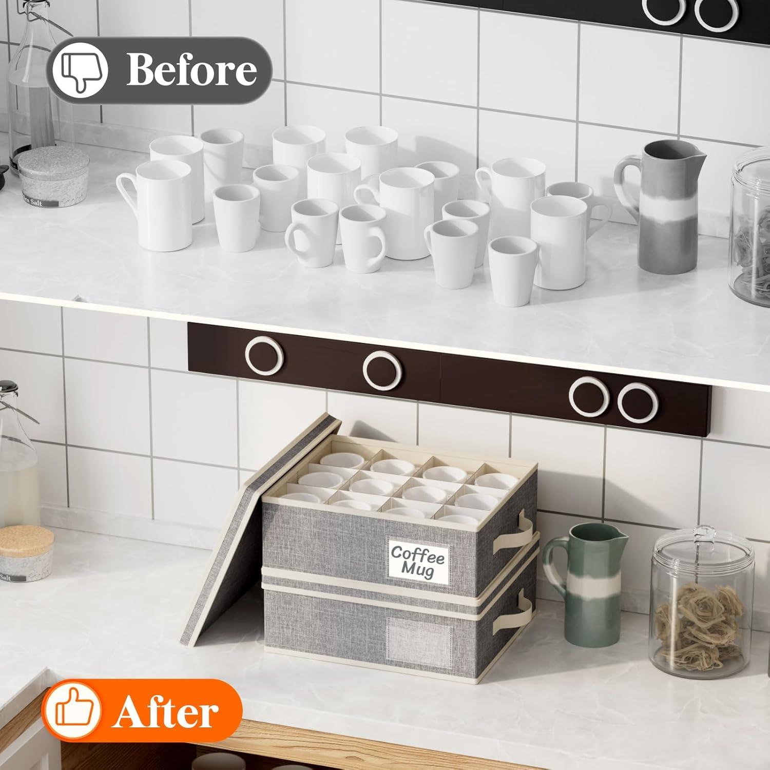 imageLifewit 2 Pcs Champagne Flute Storage Box with Dividers Stackable Cationic Hard Shell Stemware Containers with 12 Cells Foldable Dustproof Glassware Organizer Case for Moving Light Grey2