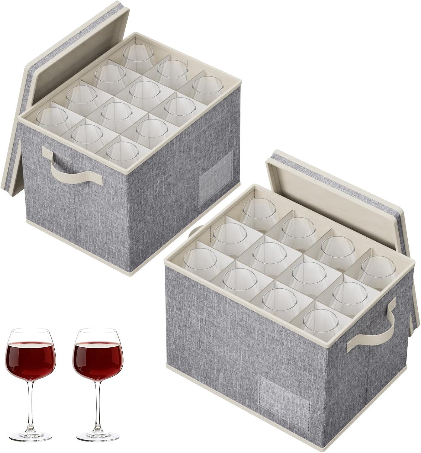 imageLifewit 2 Pcs Champagne Flute Storage Box with Dividers Stackable Cationic Hard Shell Stemware Containers with 12 Cells Foldable Dustproof Glassware Organizer Case for Moving Light Grey2