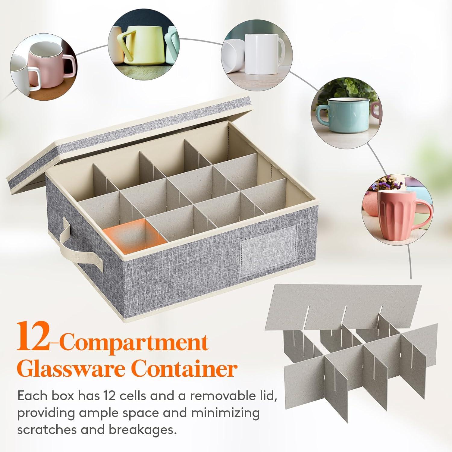 imageLifewit 2 Pcs Champagne Flute Storage Box with Dividers Stackable Cationic Hard Shell Stemware Containers with 12 Cells Foldable Dustproof Glassware Organizer Case for Moving Light Grey4