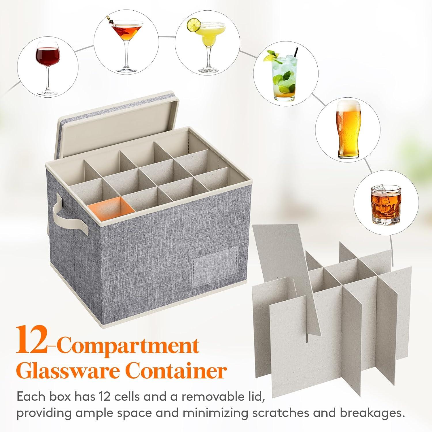 imageLifewit 2 Pcs Champagne Flute Storage Box with Dividers Stackable Cationic Hard Shell Stemware Containers with 12 Cells Foldable Dustproof Glassware Organizer Case for Moving Light Grey3