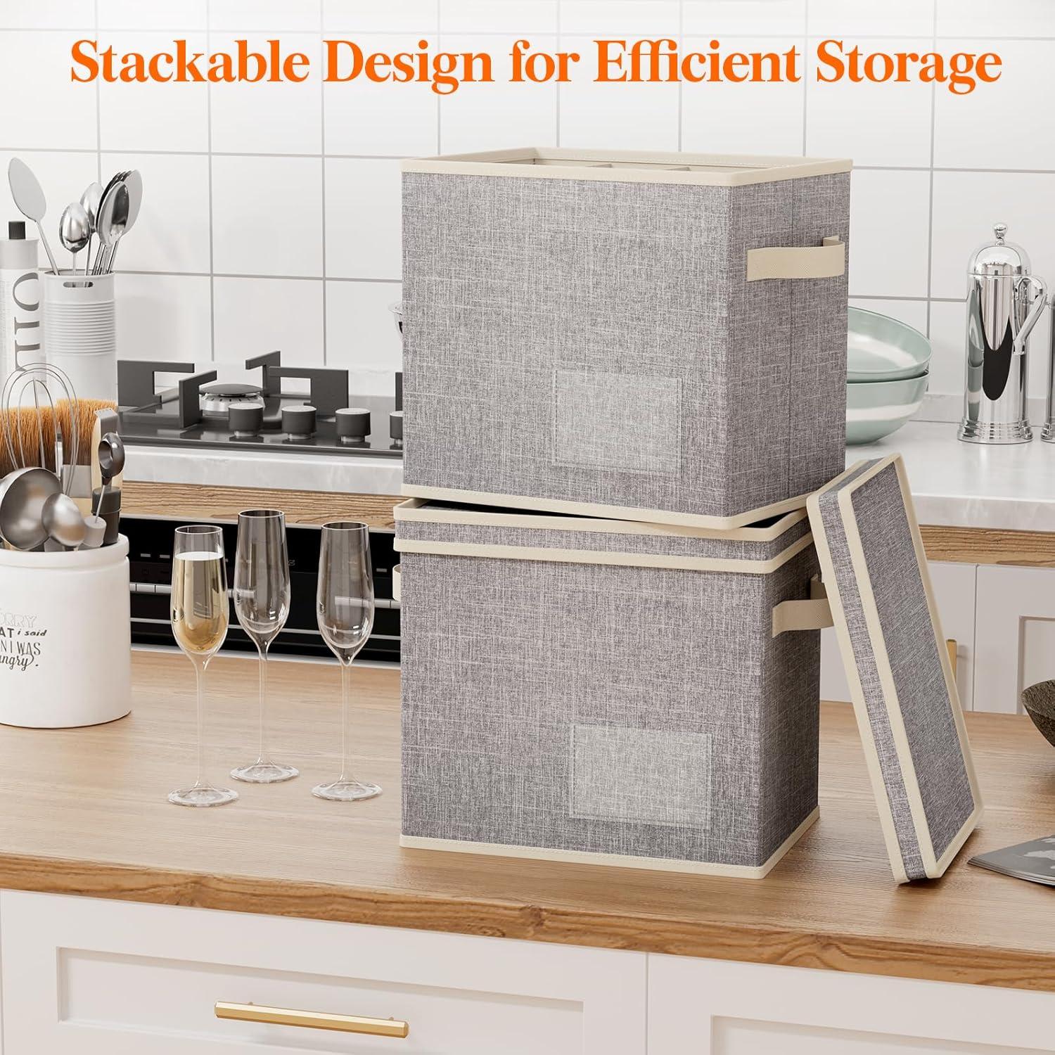 imageLifewit 2 Pcs Champagne Flute Storage Box with Dividers Stackable Cationic Hard Shell Stemware Containers with 12 Cells Foldable Dustproof Glassware Organizer Case for Moving Light Grey4