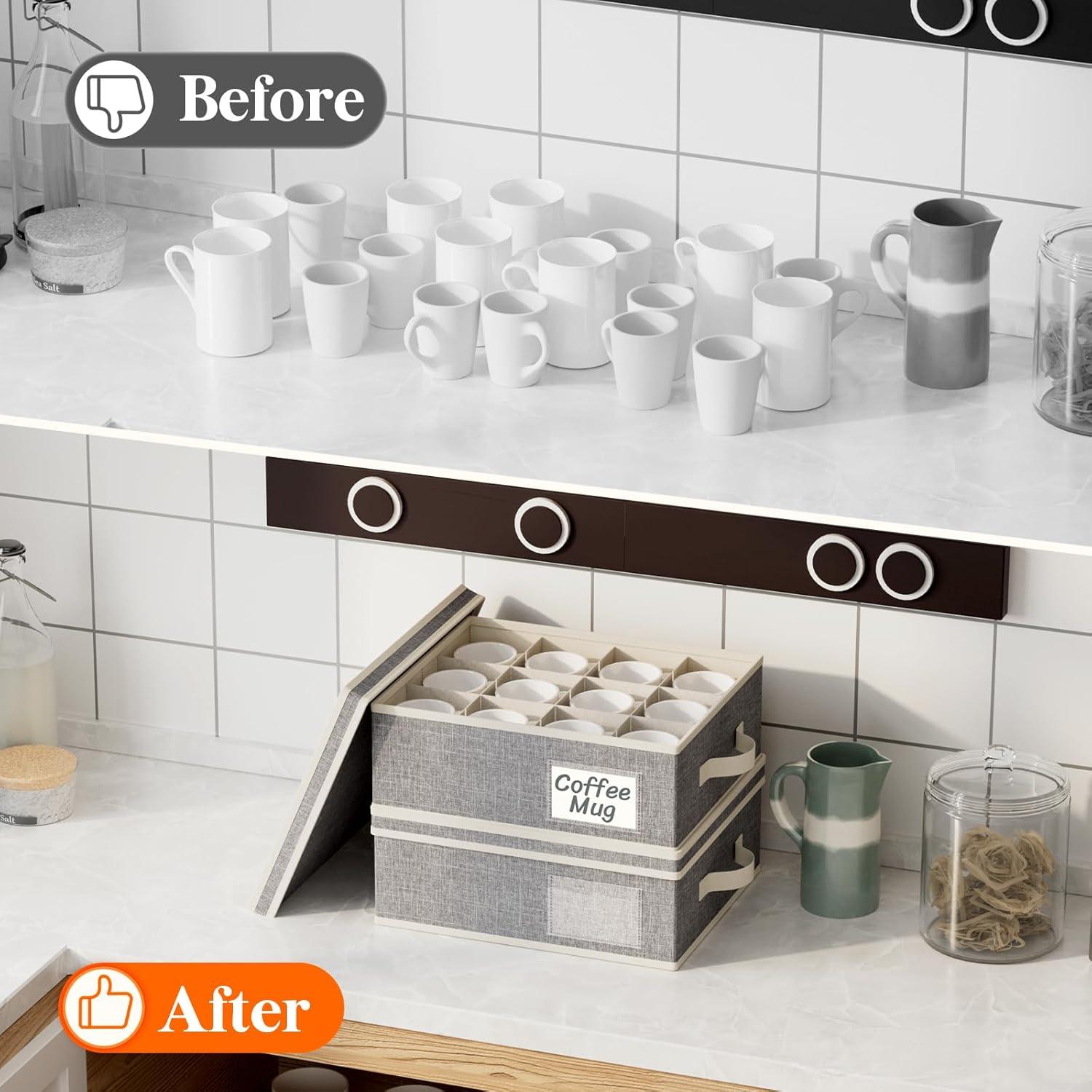 imageLifewit 2 Pcs Champagne Flute Storage Box with Dividers Stackable Cationic Hard Shell Stemware Containers with 12 Cells Foldable Dustproof Glassware Organizer Case for Moving Light Grey4