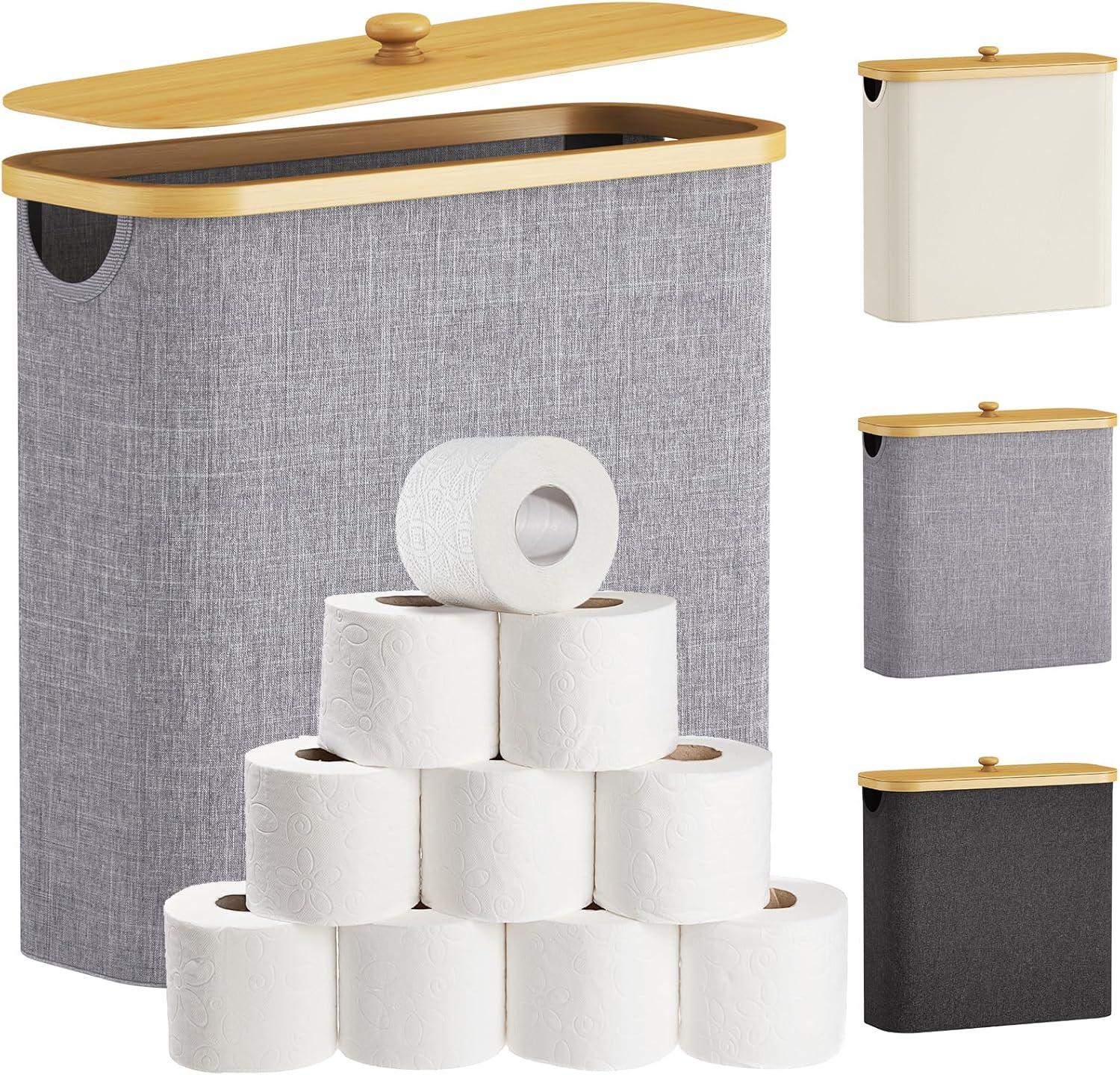 imageLifewit 30L Toilet Paper Storage Holder for 12 to 16 Rolls Free Standing Toilet Paper Basket Stand with Bamboo Lid Collapsible Fabric Bathroom Organizer Box for Mega Rolls Large WhiteGray