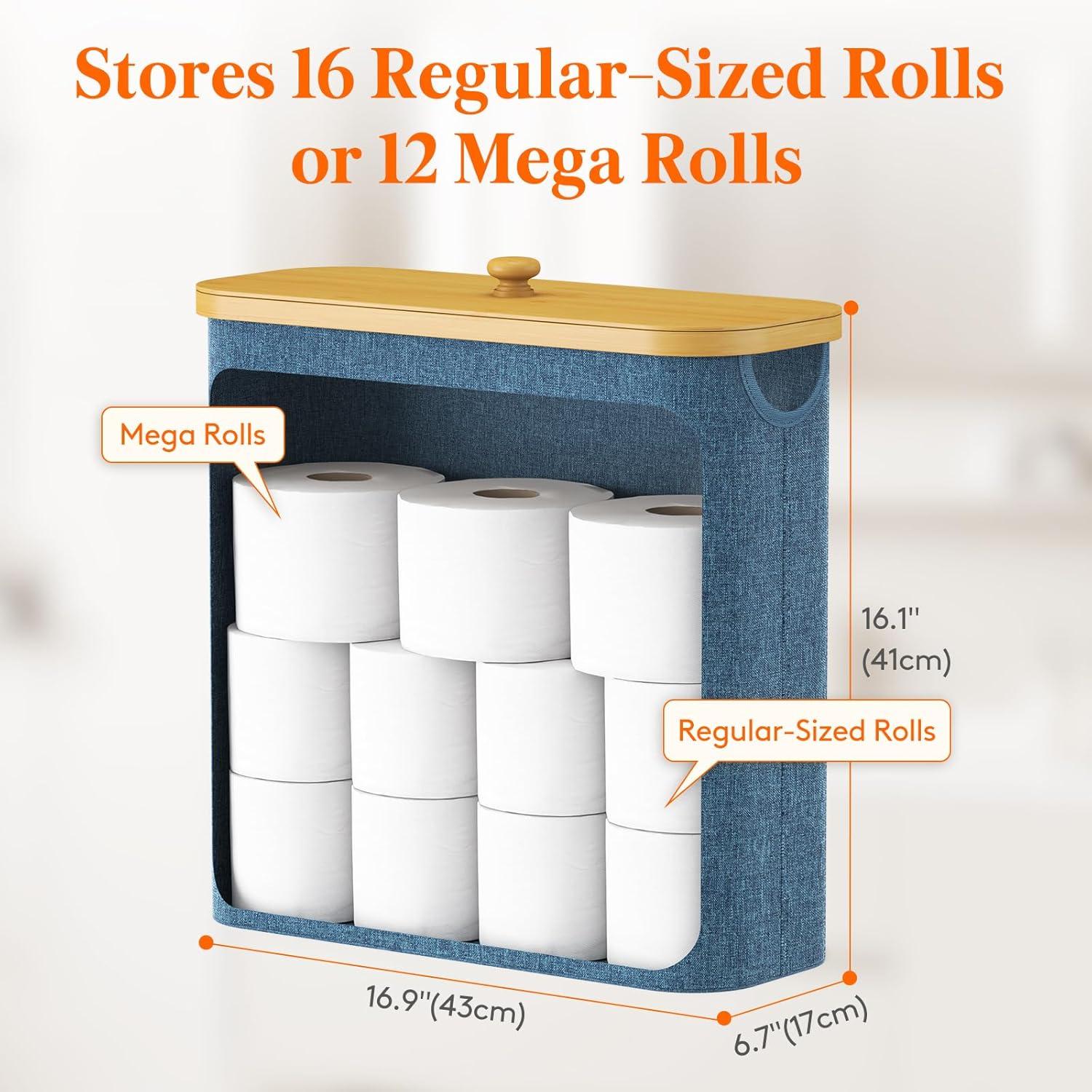 imageLifewit 30L Toilet Paper Storage Holder for 12 to 16 Rolls Free Standing Toilet Paper Basket Stand with Bamboo Lid Collapsible Fabric Bathroom Organizer Box for Mega Rolls Large WhiteDark Blue