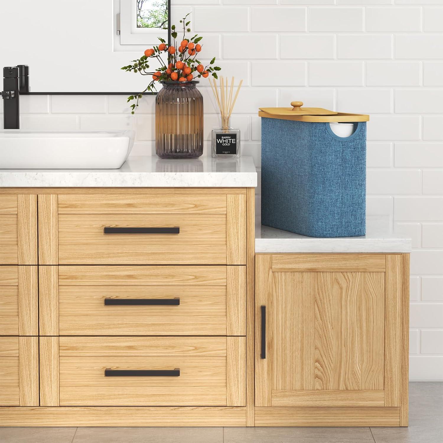 imageLifewit 30L Toilet Paper Storage Holder for 12 to 16 Rolls Free Standing Toilet Paper Basket Stand with Bamboo Lid Collapsible Fabric Bathroom Organizer Box for Mega Rolls Large WhiteDark Blue