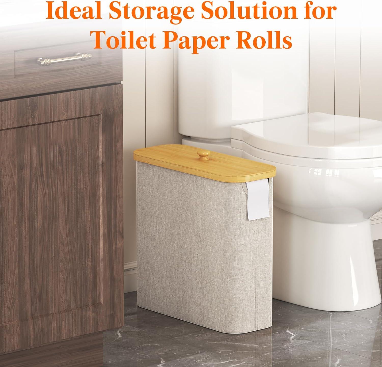 imageLifewit 30L Toilet Paper Storage Holder for 12 to 16 Rolls Free Standing Toilet Paper Basket Stand with Bamboo Lid Collapsible Fabric Bathroom Organizer Box for Mega Rolls Large WhiteBeige